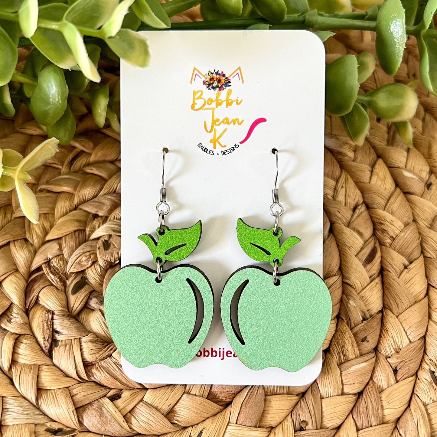 Apple Wood Dangle Earrings: Choose From Red or Green