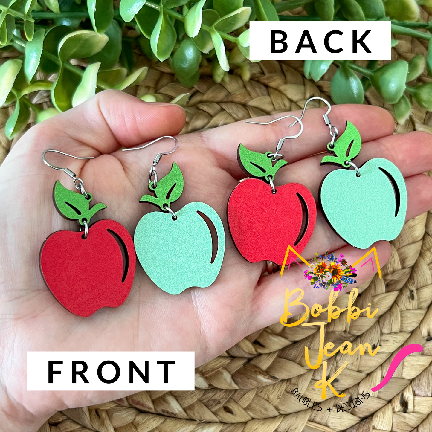 Apple Wood Dangle Earrings: Choose From Red or Green