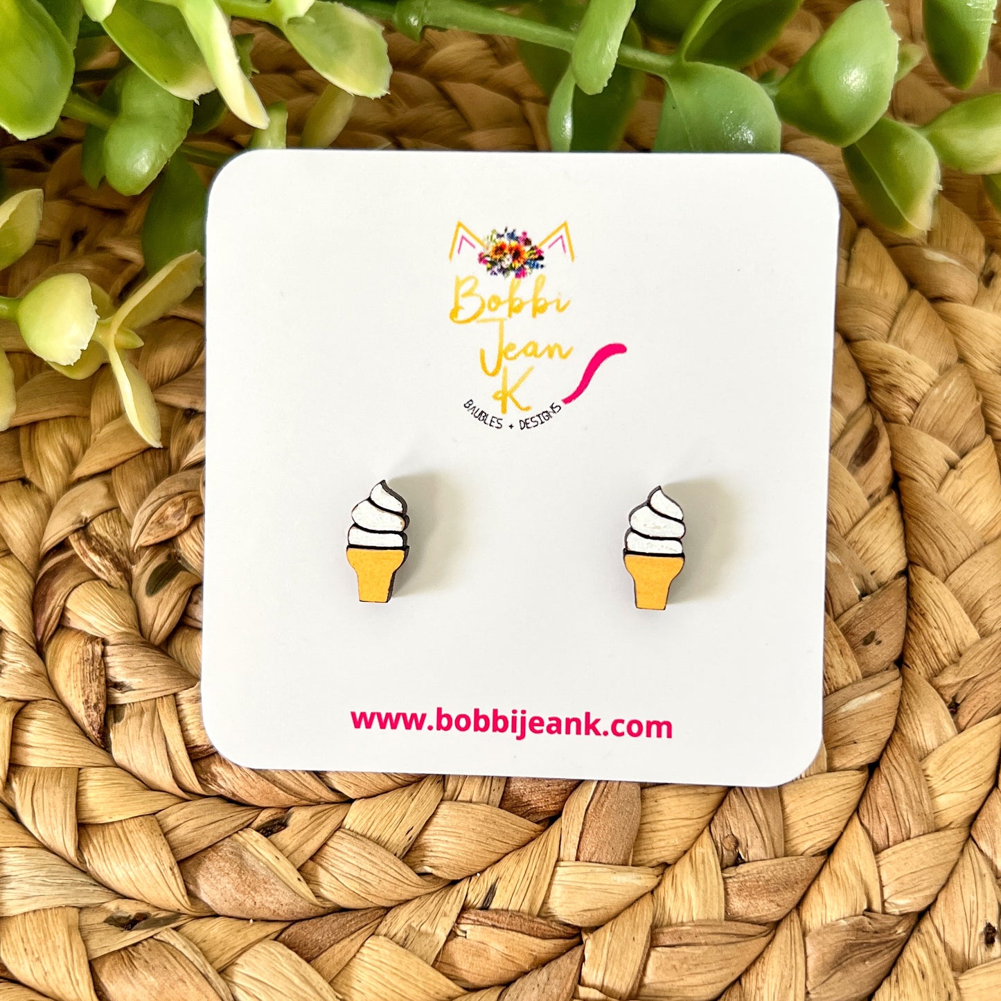 SALE: Ice Cream Cone Hand Painted Wood Earrings: Choose from Dangle or Stud - DESIGN BEING DISCONTINUED