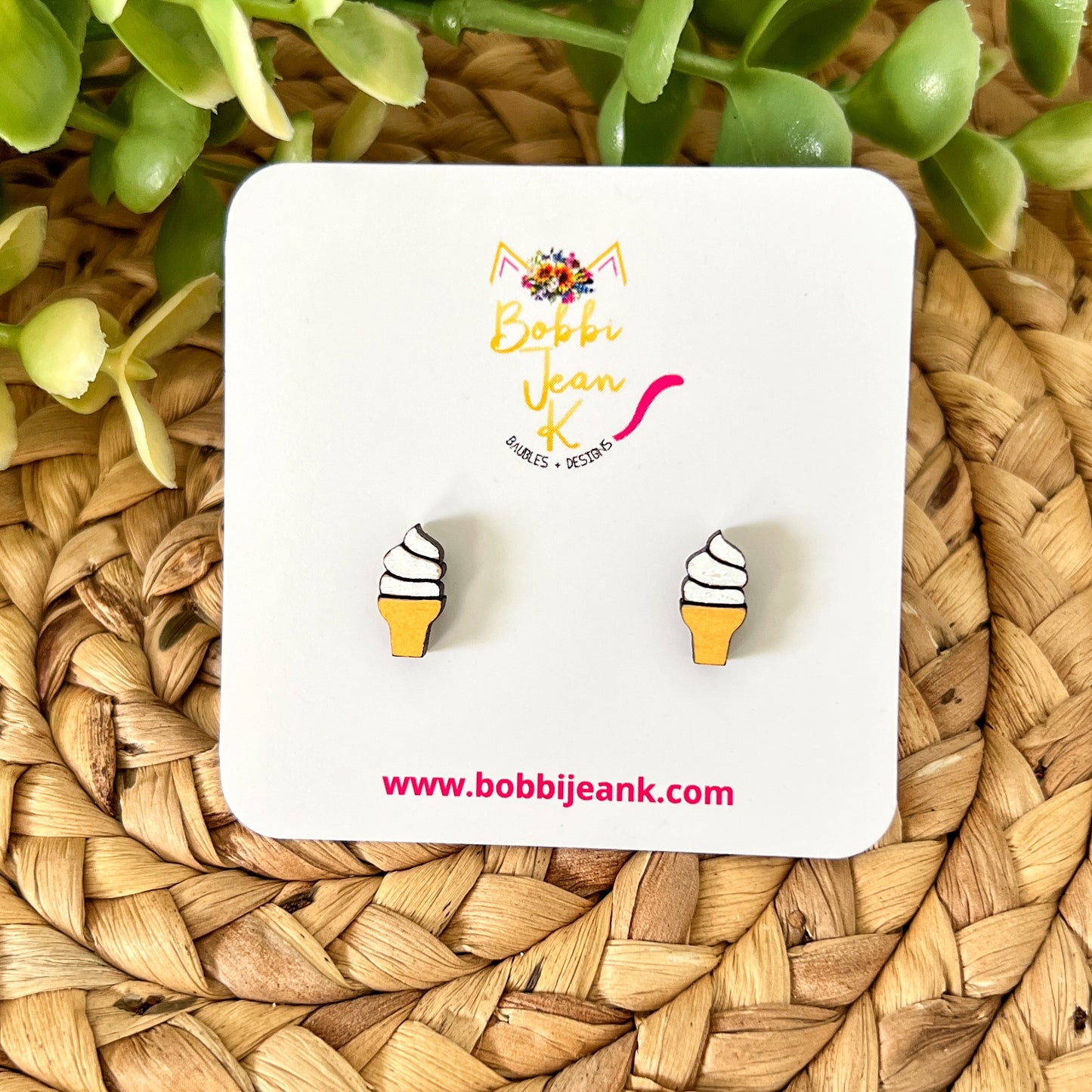 Ice Cream Cone Hand Painted Wood Dangles or Studs