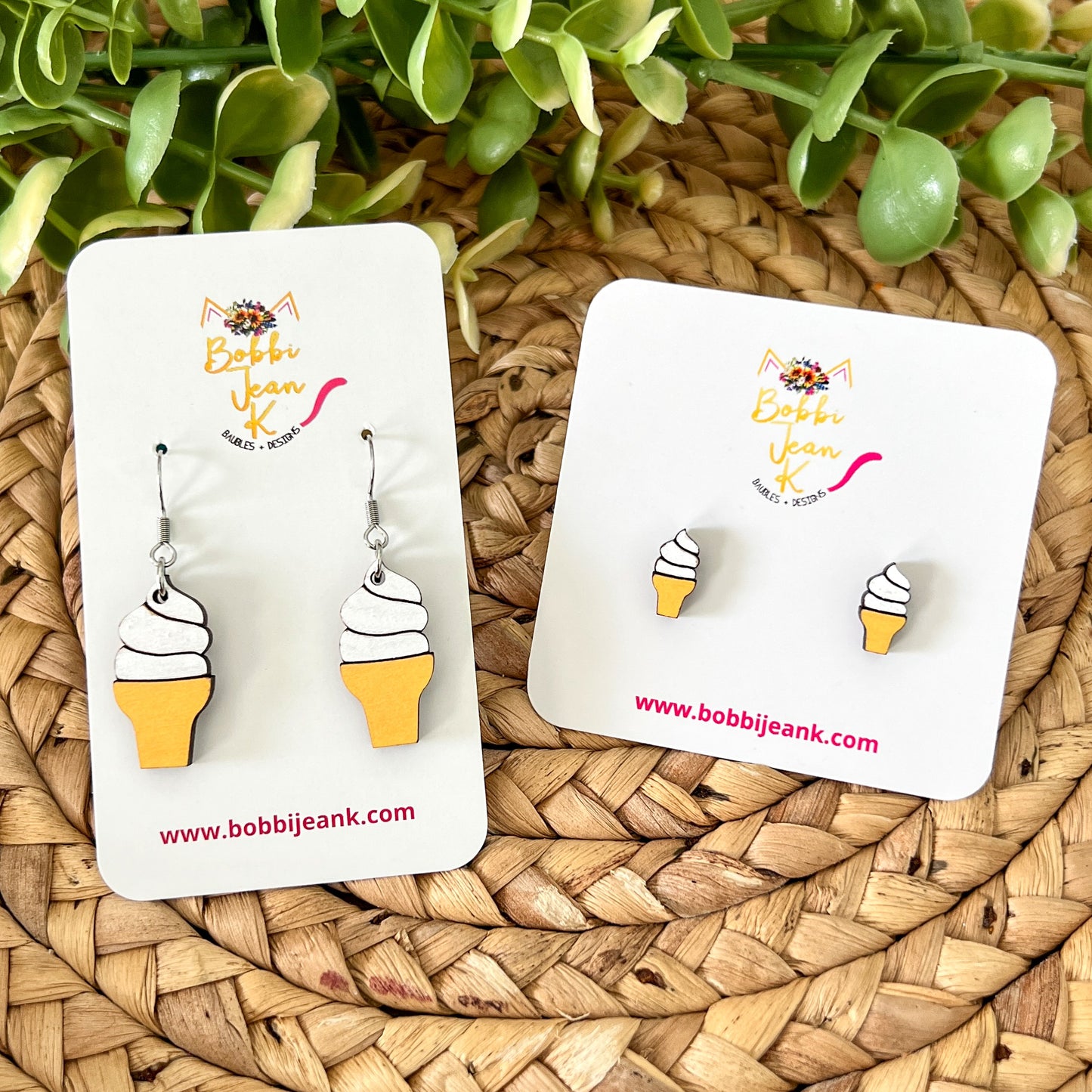 SALE: Ice Cream Cone Hand Painted Wood Earrings: Choose from Dangle or Stud - DESIGN BEING DISCONTINUED