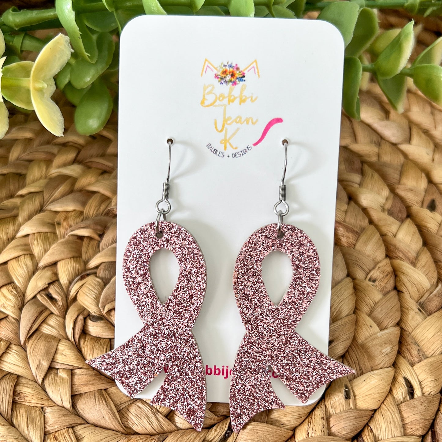 Rose Pink Infused Glitter "Flared" Awareness Ribbon Earrings