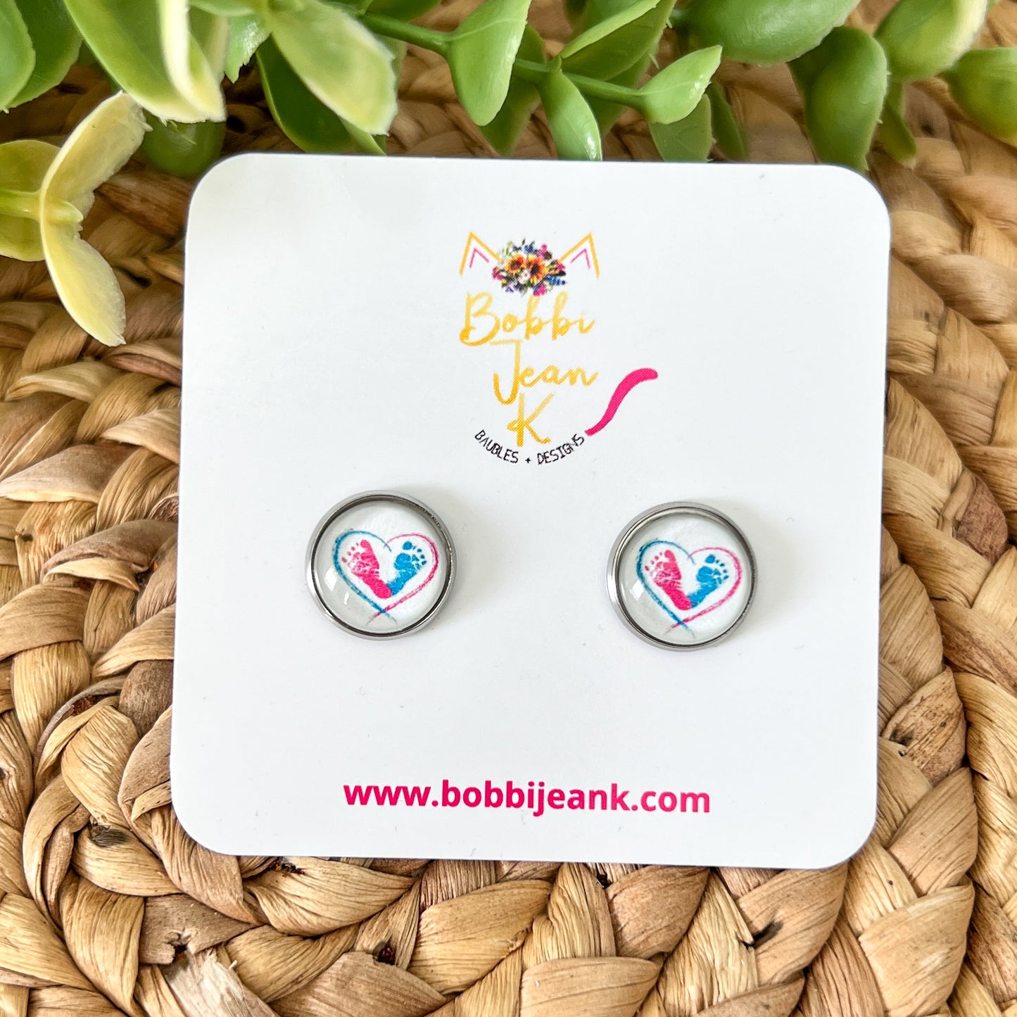SALE: Baby Feet Glass Studs 12mm: Choose Silver or Gold Settings