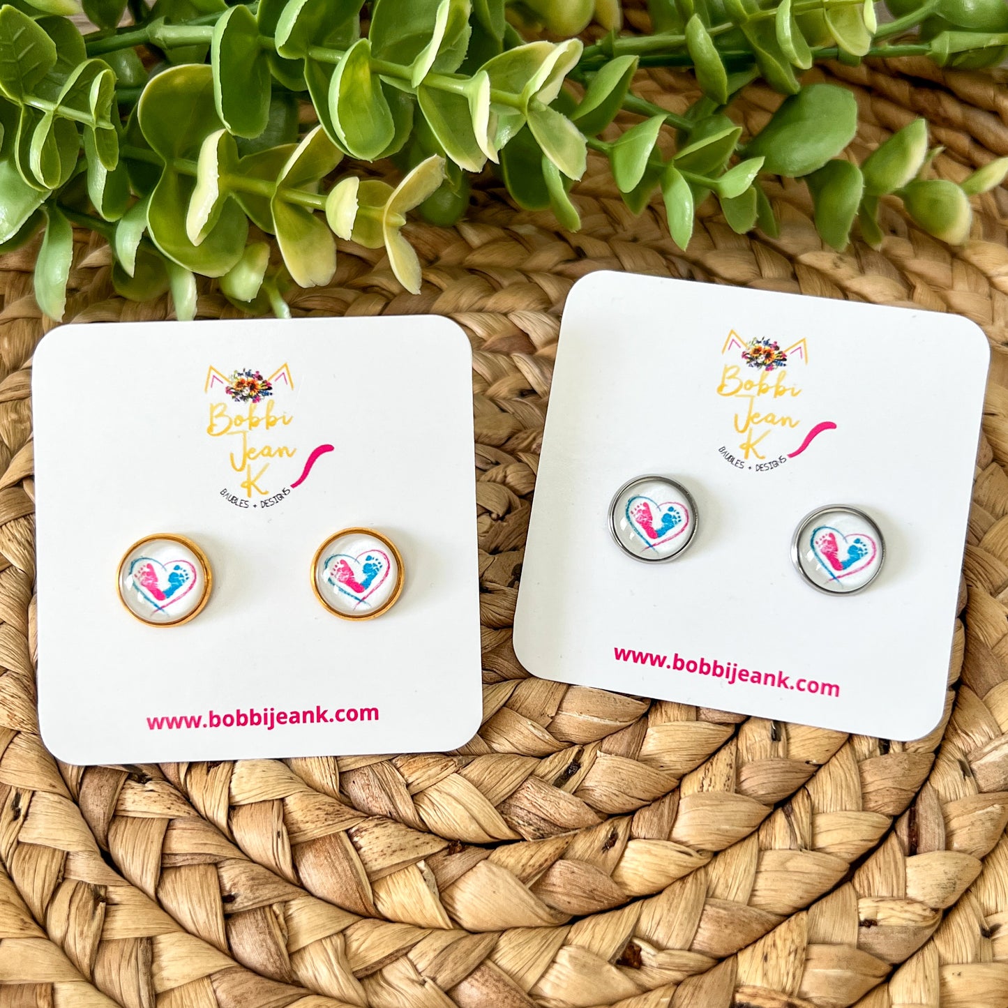 SALE: Baby Feet Glass Studs 12mm: Choose Silver or Gold Settings