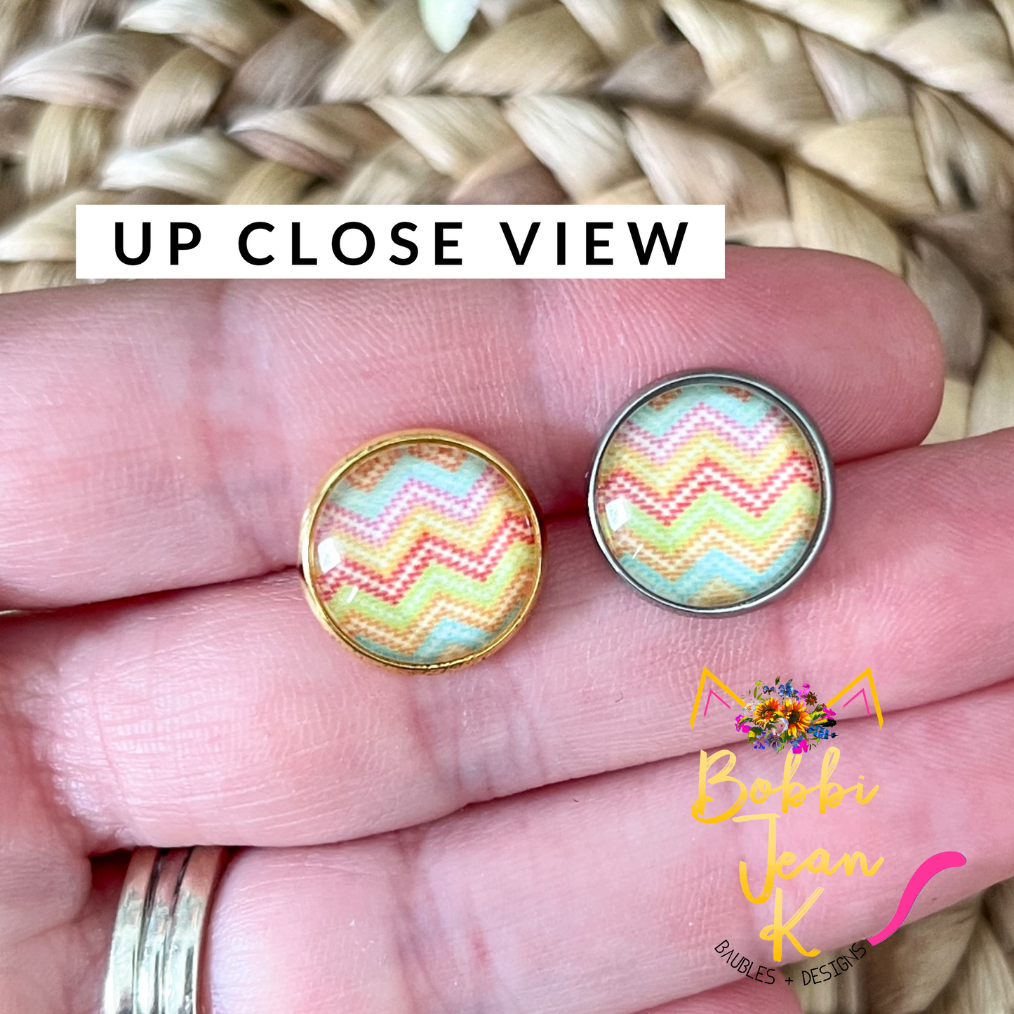 SALE: Beach Chevron Glass Studs 12mm: Choose Silver or Gold Settings - LAST CHANCE