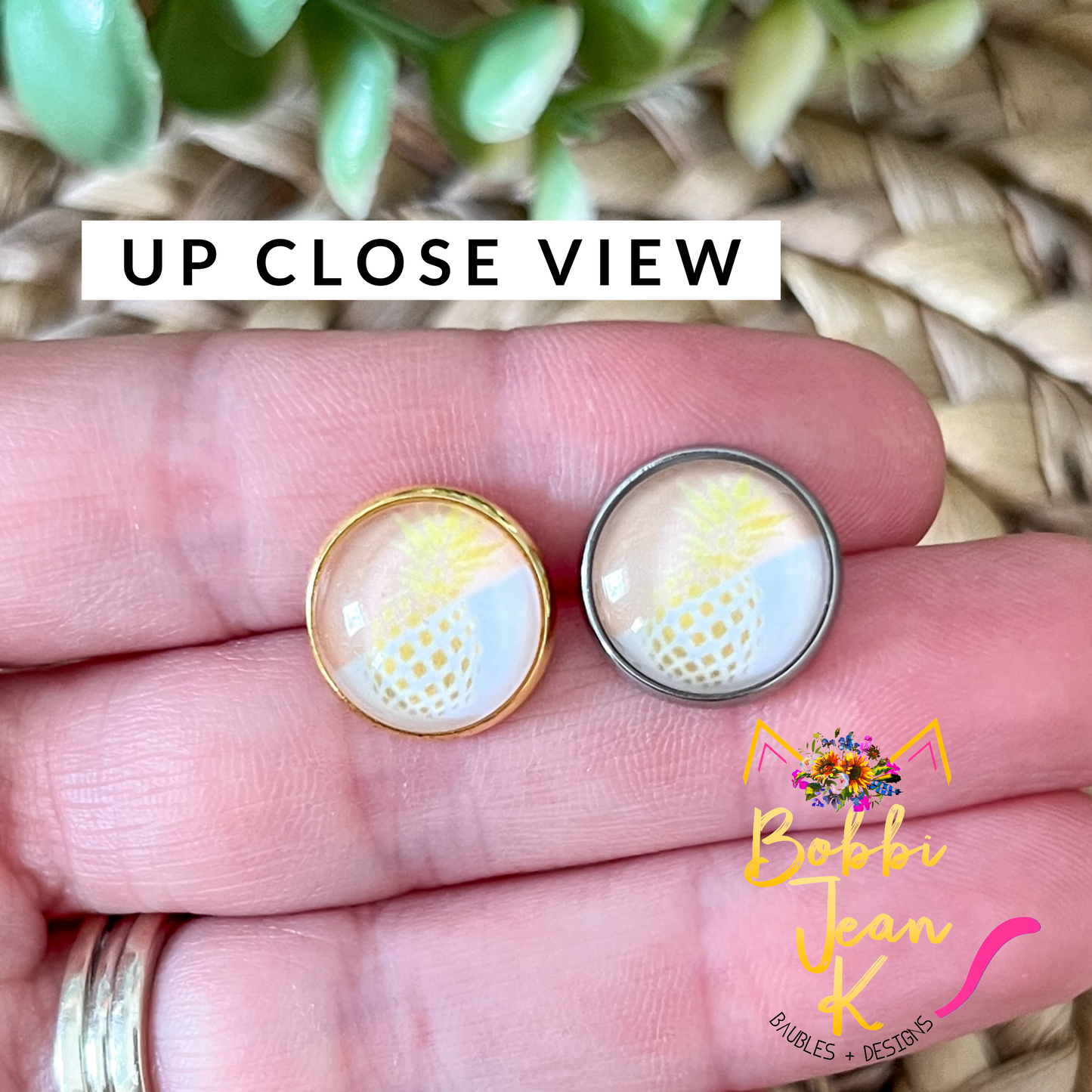 SALE: Golden Pineapple Glass Studs 12mm: Choose Silver or Gold Settings - LAST CHANCE