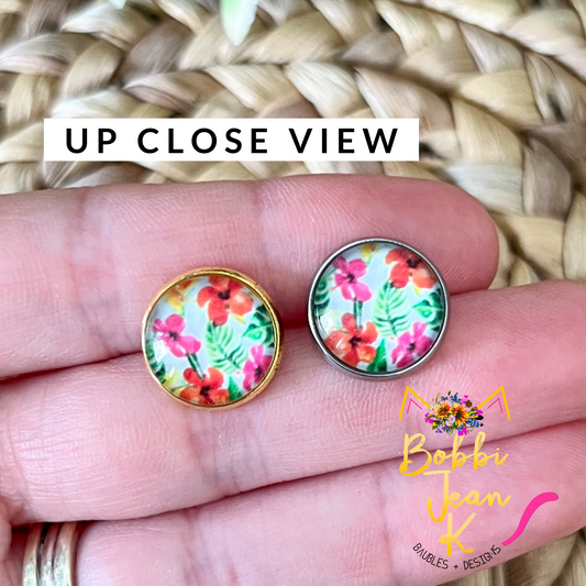 SALE: Tropical Hibiscus Glass Studs 12mm: Choose Silver or Gold Settings - LAST CHANCE