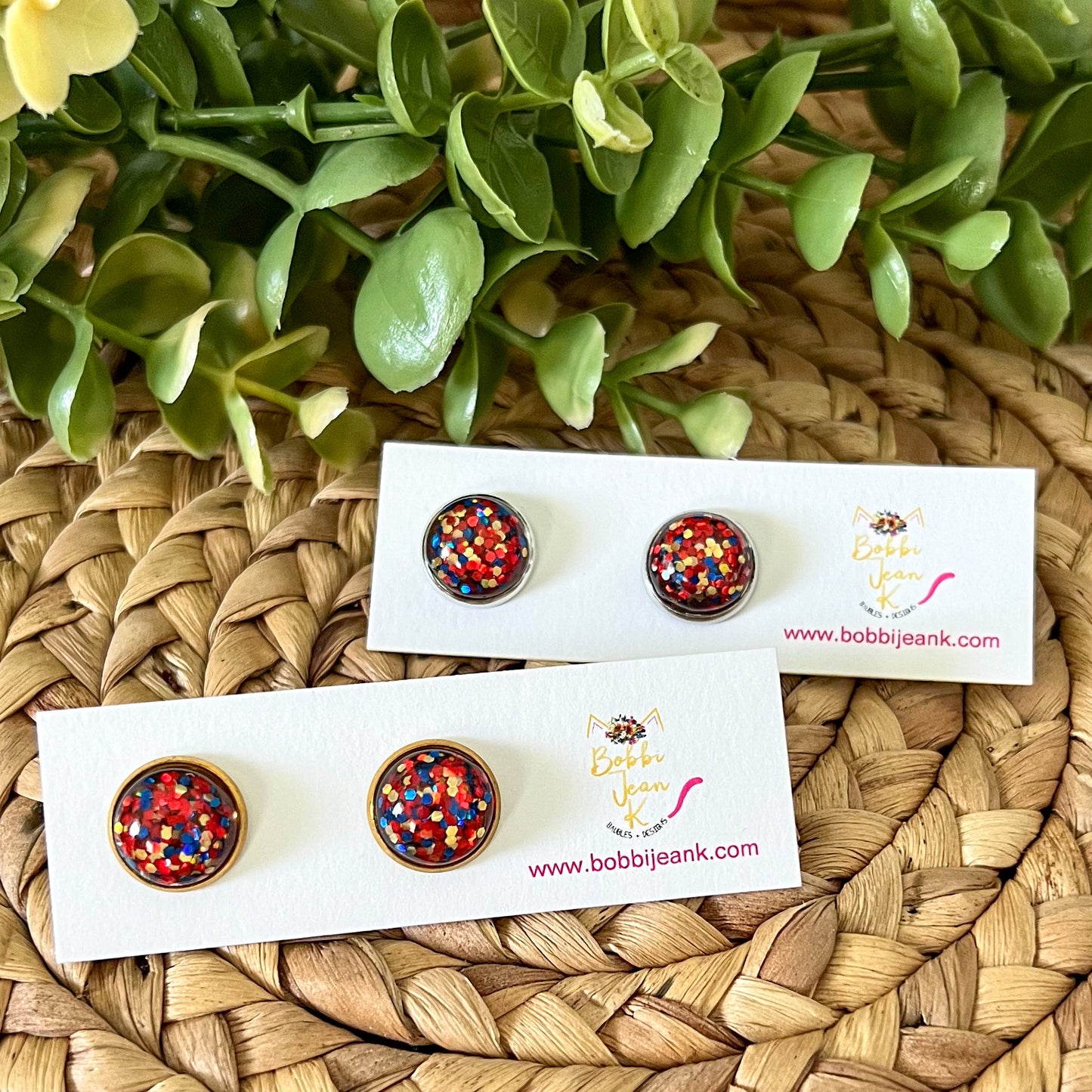SALE: Red/Blue/Gold Glitter Studs 12mm: Choose Silver or Gold Settings - LAST CHANCE