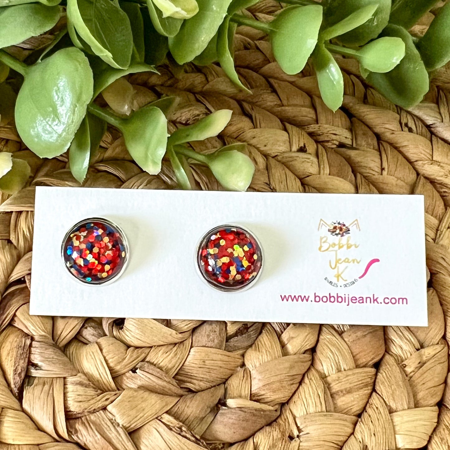 SALE: Red/Blue/Gold Glitter Studs 12mm: Choose Silver or Gold Settings - LAST CHANCE