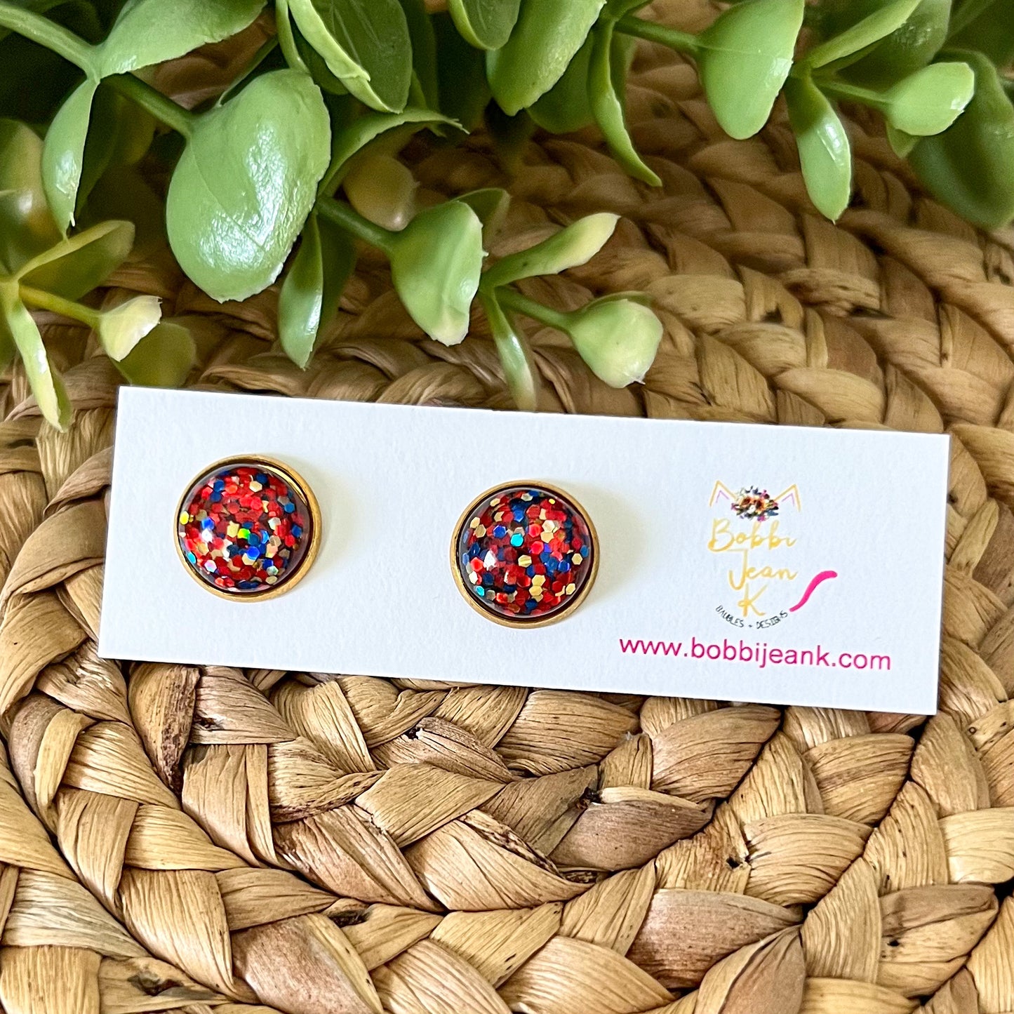 SALE: Red/Blue/Gold Glitter Studs 12mm: Choose Silver or Gold Settings - LAST CHANCE