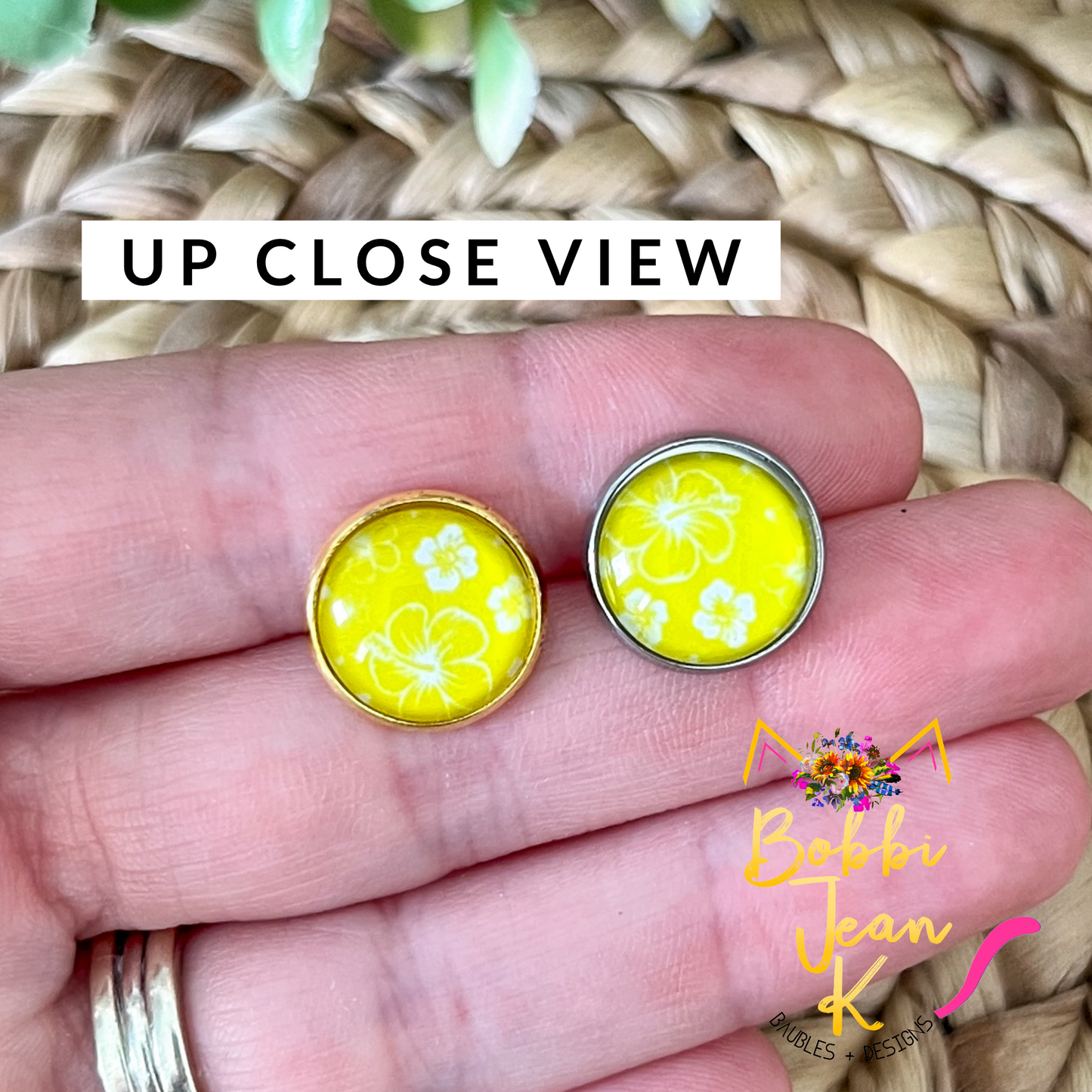 SALE: Yellow Hawaiian Floral Glass Studs 12mm: Choose Silver or Gold Settings - LAST CHANCE
