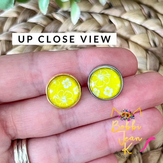 SALE: Yellow Hawaiian Floral Glass Studs 12mm: Choose Silver or Gold Settings - LAST CHANCE