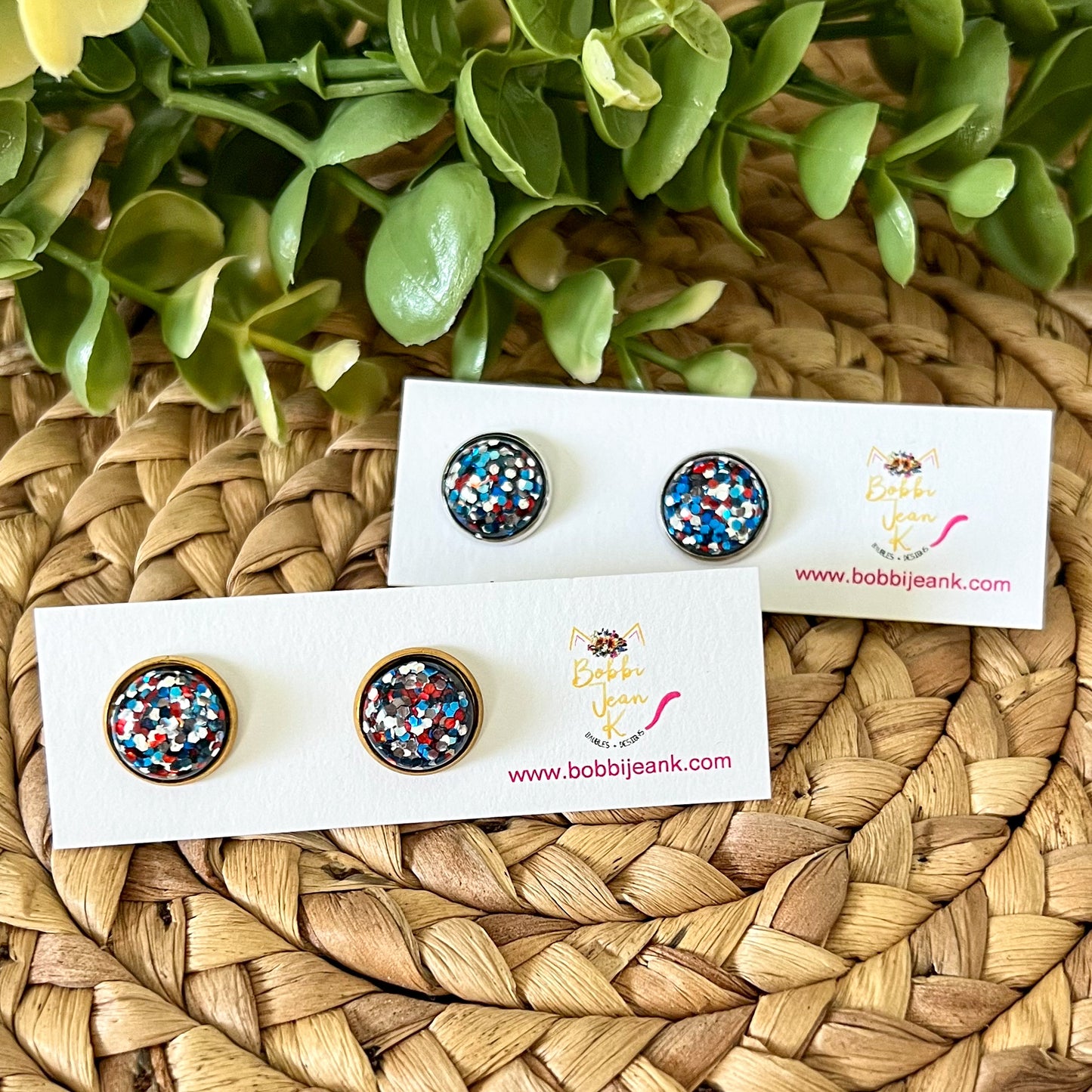 SALE: Red/Blue/Silver Glitter Studs 12mm: Choose Silver or Gold Settings - LAST CHANCE