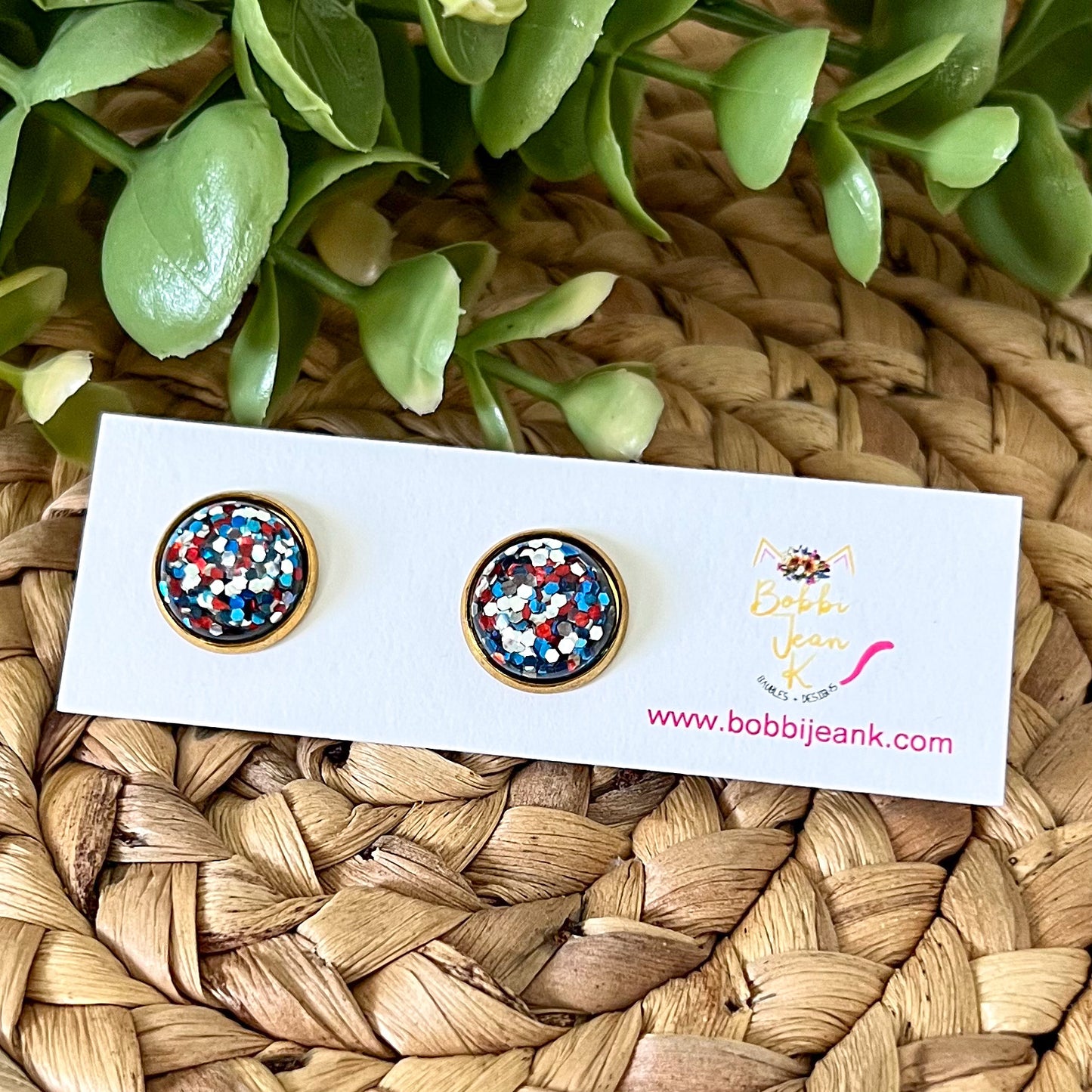 SALE: Red/Blue/Silver Glitter Studs 12mm: Choose Silver or Gold Settings - LAST CHANCE