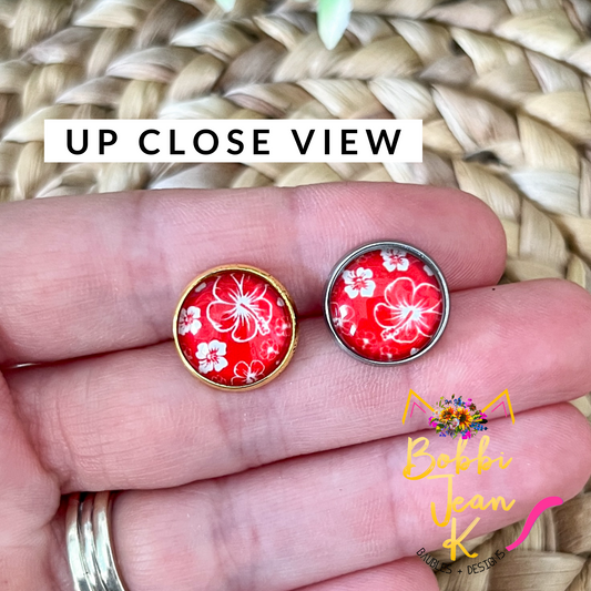 SALE: Red Hawaiian Floral Glass Studs 12mm: Choose Silver or Gold Settings - LAST CHANCE