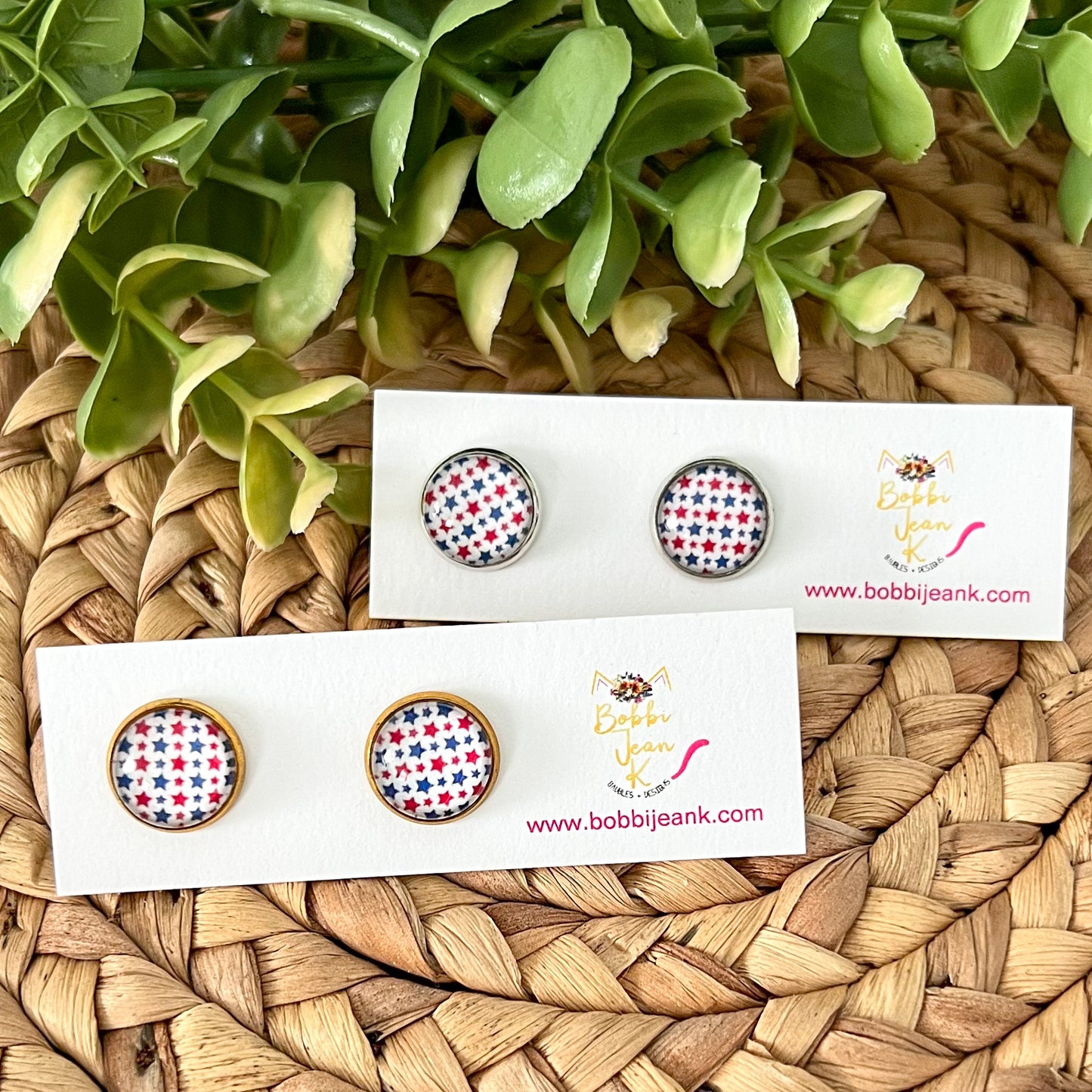 SALE: Red & Blue Star Glass Studs 12mm: Choose Silver or Gold Settings - LAST CHANCE