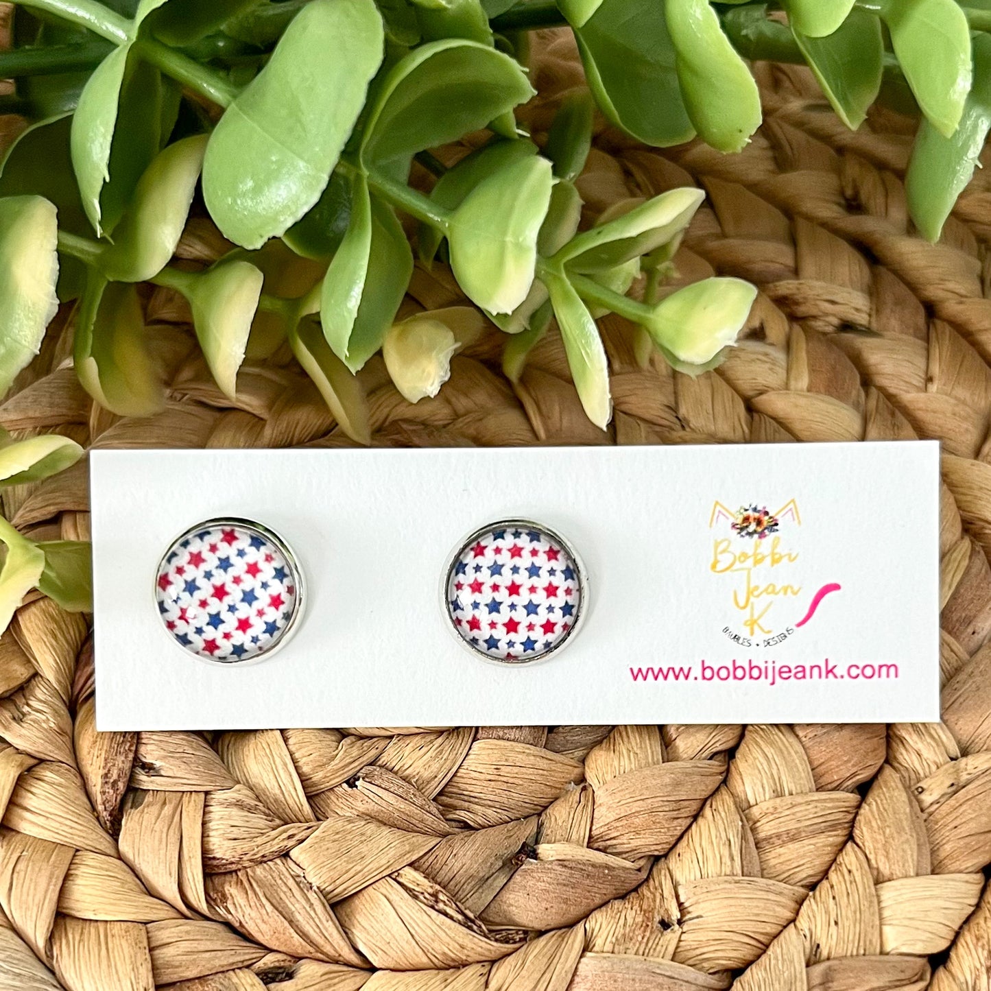 SALE: Red & Blue Star Glass Studs 12mm: Choose Silver or Gold Settings - LAST CHANCE