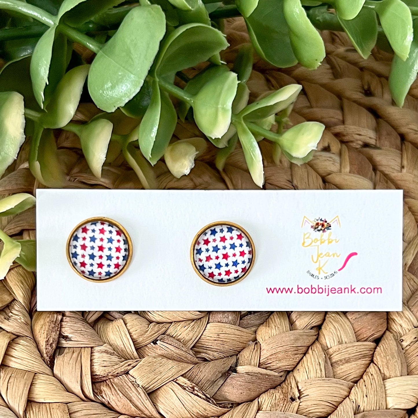 SALE: Red & Blue Star Glass Studs 12mm: Choose Silver or Gold Settings - LAST CHANCE