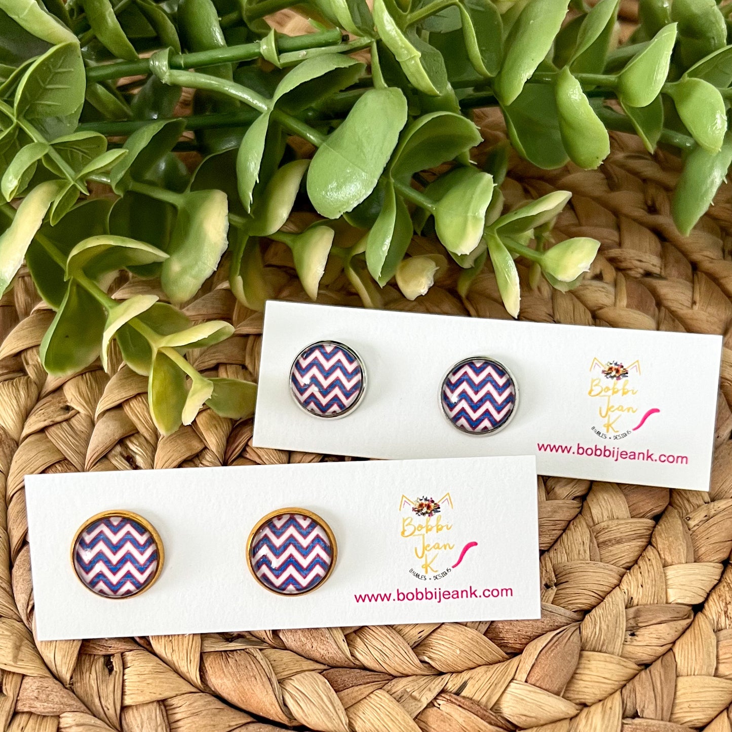 SALE: Patriotic Chevron Glass Studs 12mm: Choose Silver or Gold Settings - ONLY 2 LEFT