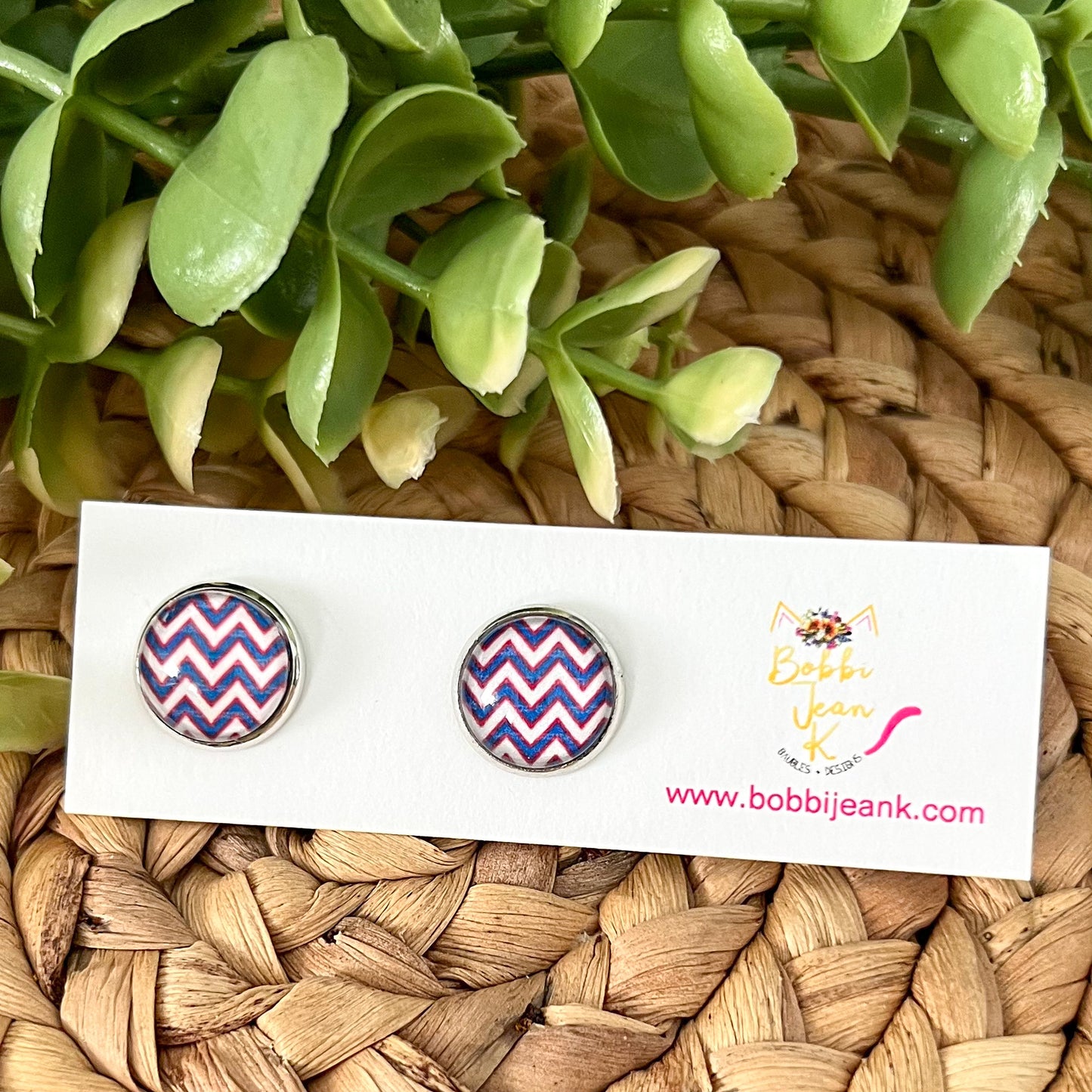 SALE: Patriotic Chevron Glass Studs 12mm: Choose Silver or Gold Settings - ONLY 2 LEFT