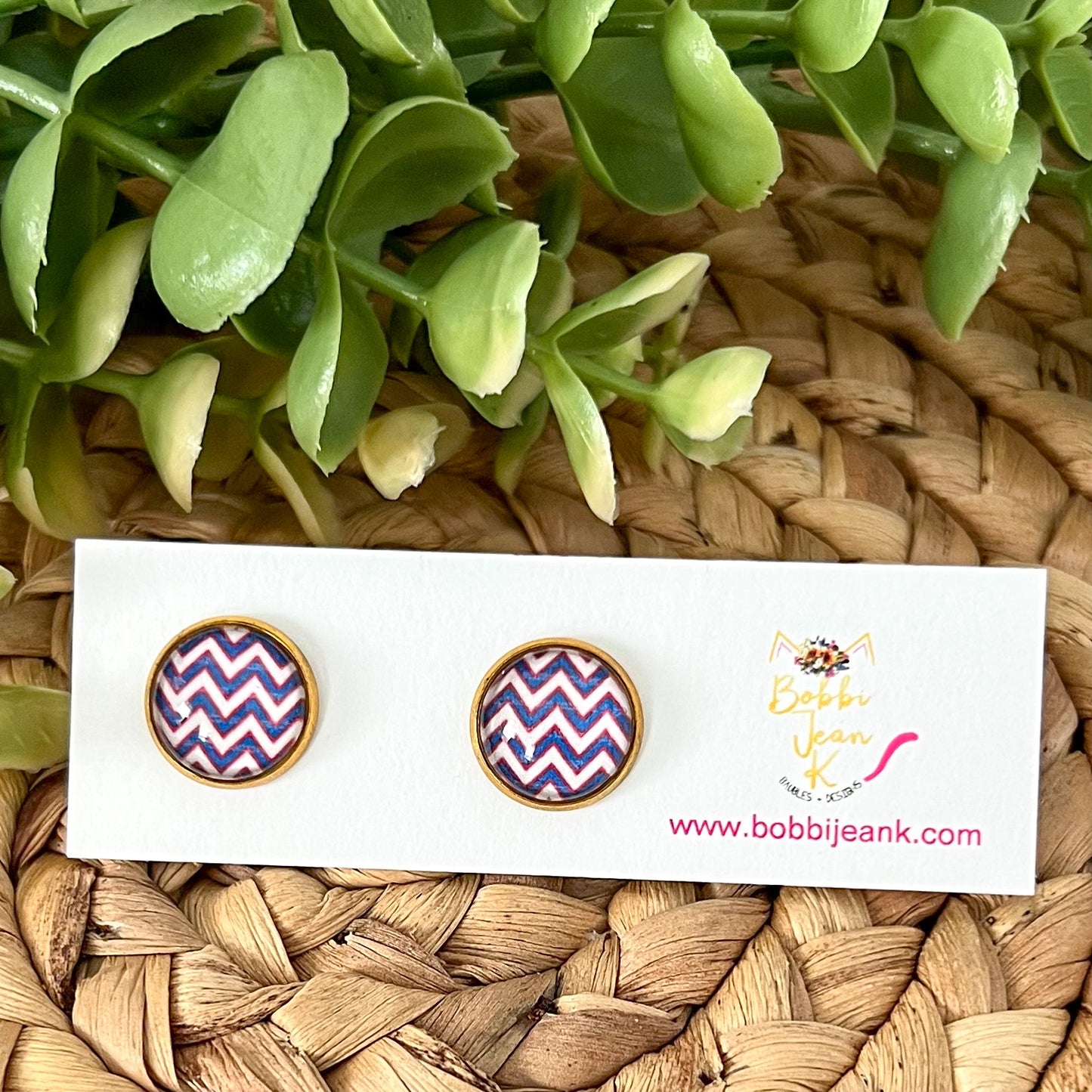 SALE: Patriotic Chevron Glass Studs 12mm: Choose Silver or Gold Settings - ONLY 2 LEFT