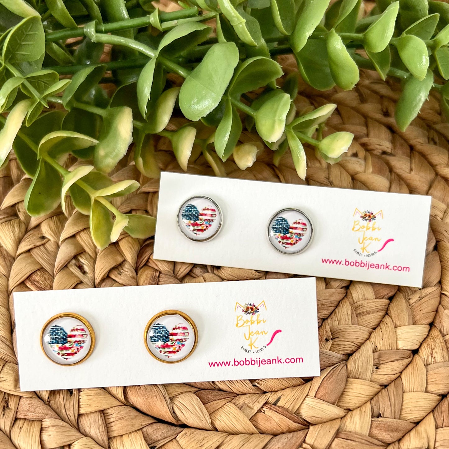 SALE: Patriotic Floral Heart Glass Studs 12mm: Choose Silver or Gold Settings - LAST CHANCE