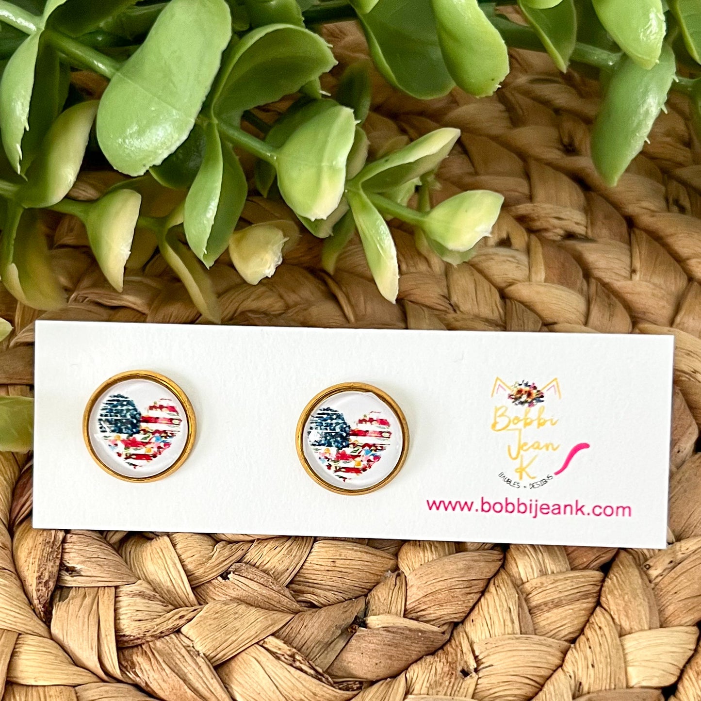 SALE: Patriotic Floral Heart Glass Studs 12mm: Choose Silver or Gold Settings - LAST CHANCE