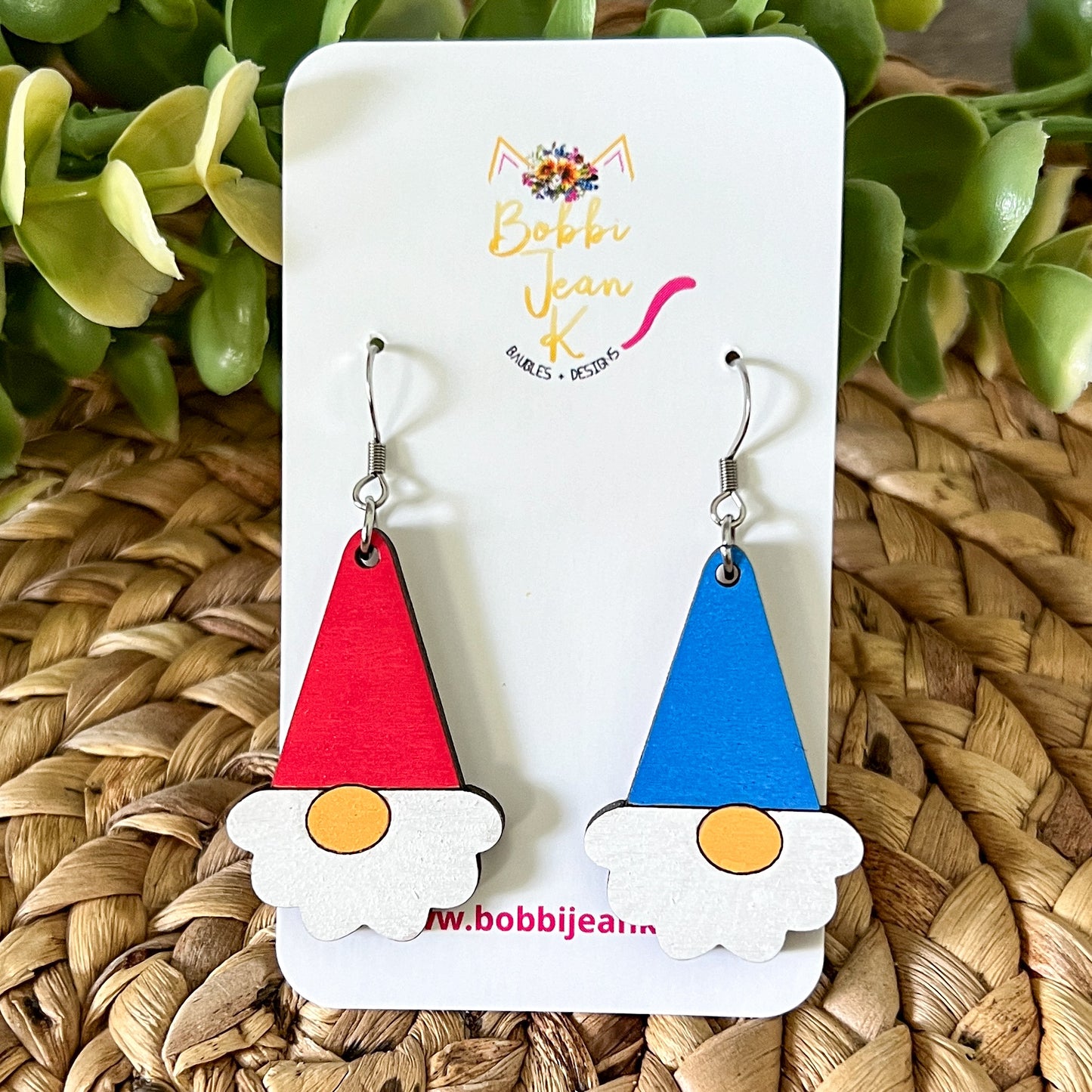 Hand Painted Gnome Wood Earrings: Choose from 2 Color Options