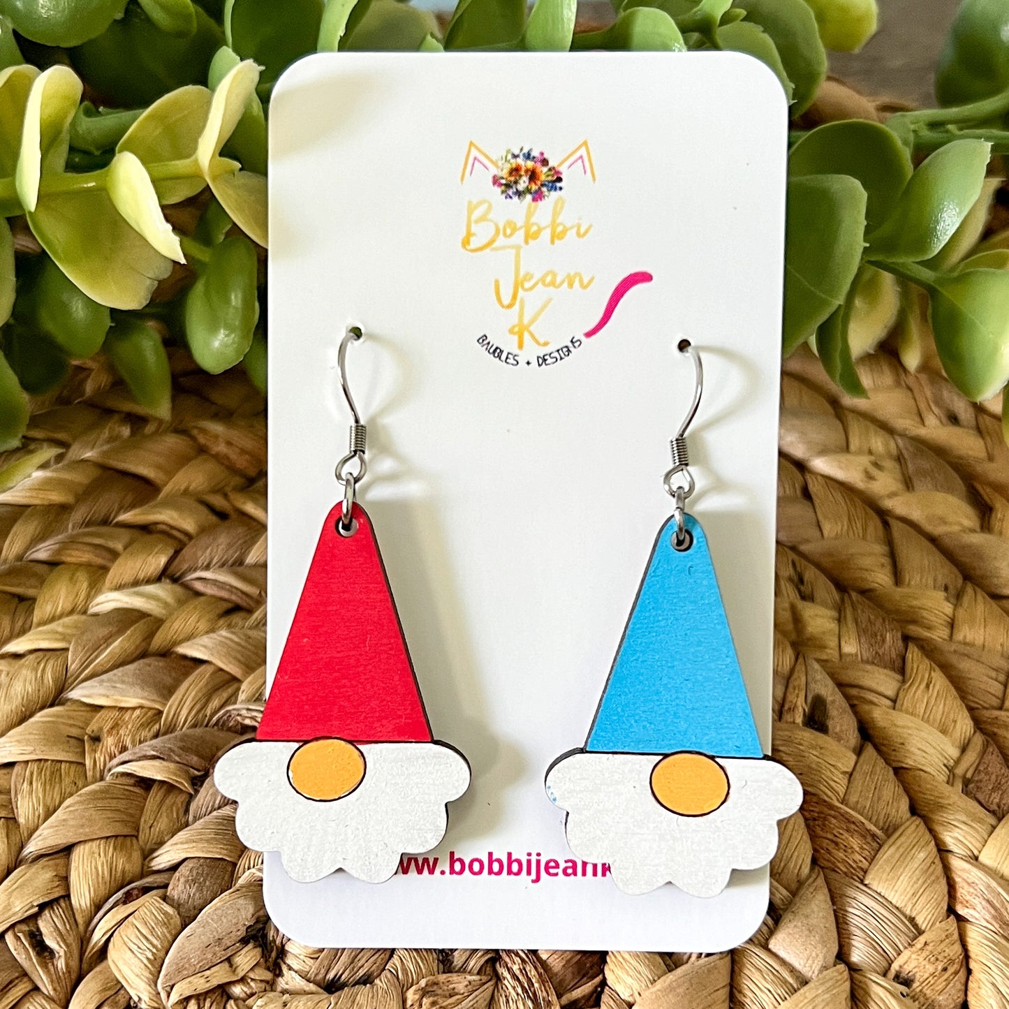 Hand Painted Gnome Wood Earrings: Choose from 2 Color Options