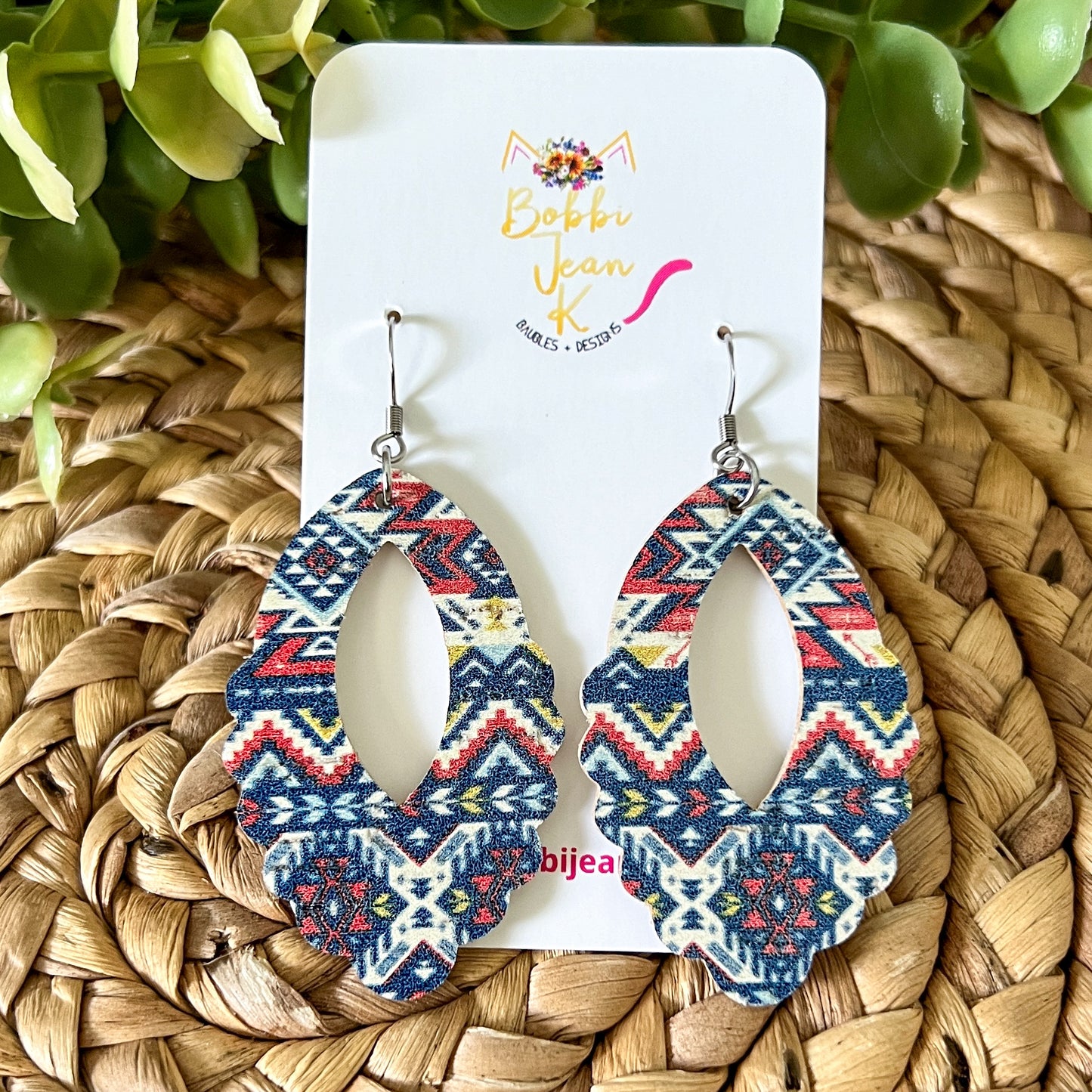 Patriotic Aztec Cork on Leather Earrings: Choose from 2 Styles - LAST CHANCE