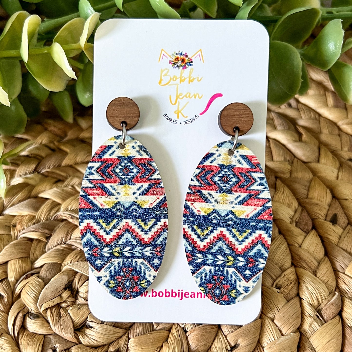 Patriotic Aztec Cork on Leather Earrings: Choose from 2 Styles - LAST CHANCE
