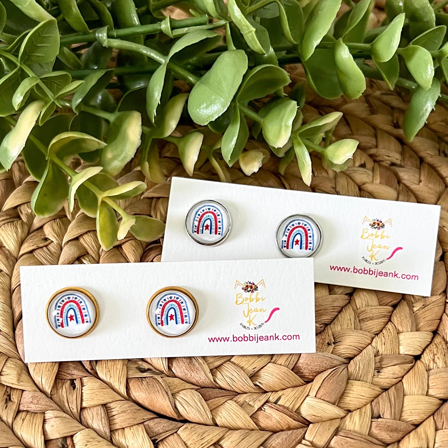 SALE: Americana Rainbow Glass Studs 12mm: Choose Silver or Gold Settings - ONLY 2 LEFT