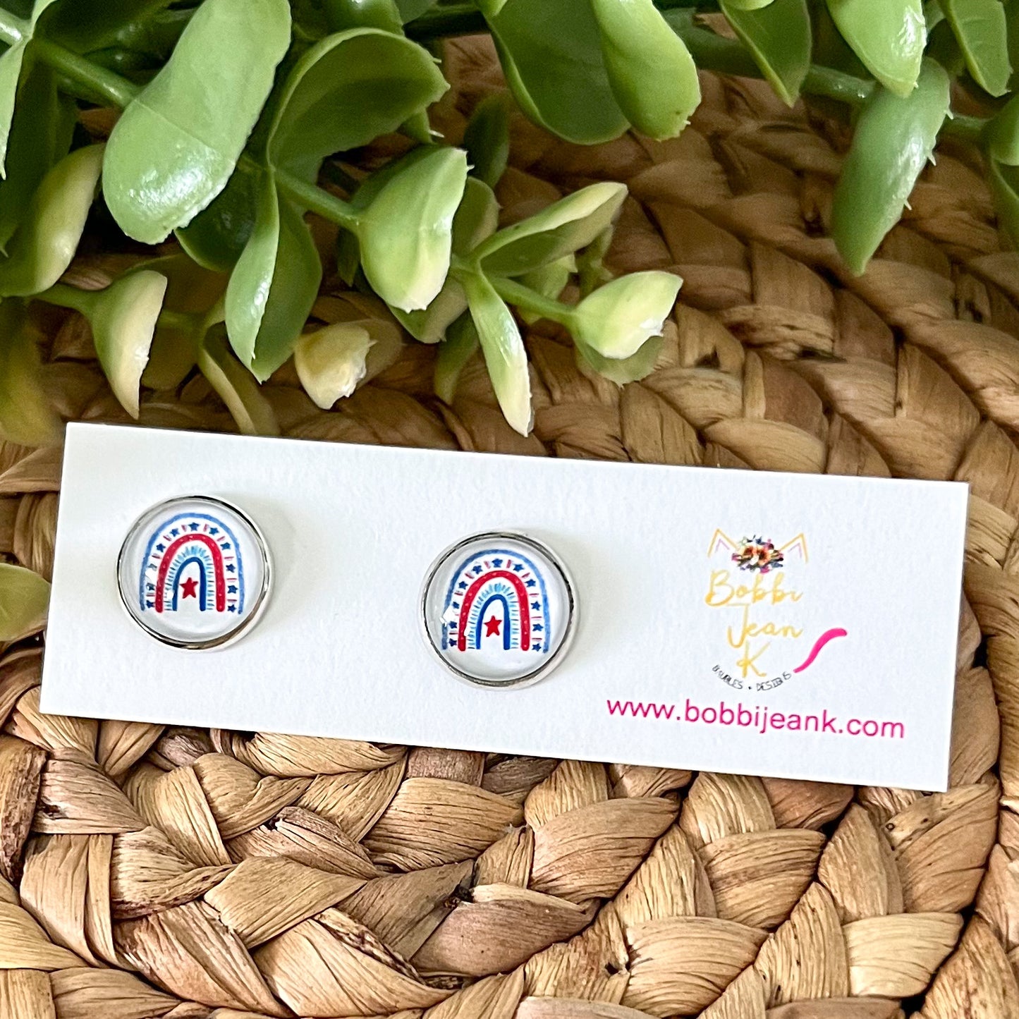 SALE: Americana Rainbow Glass Studs 12mm: Choose Silver or Gold Settings - ONLY 2 LEFT