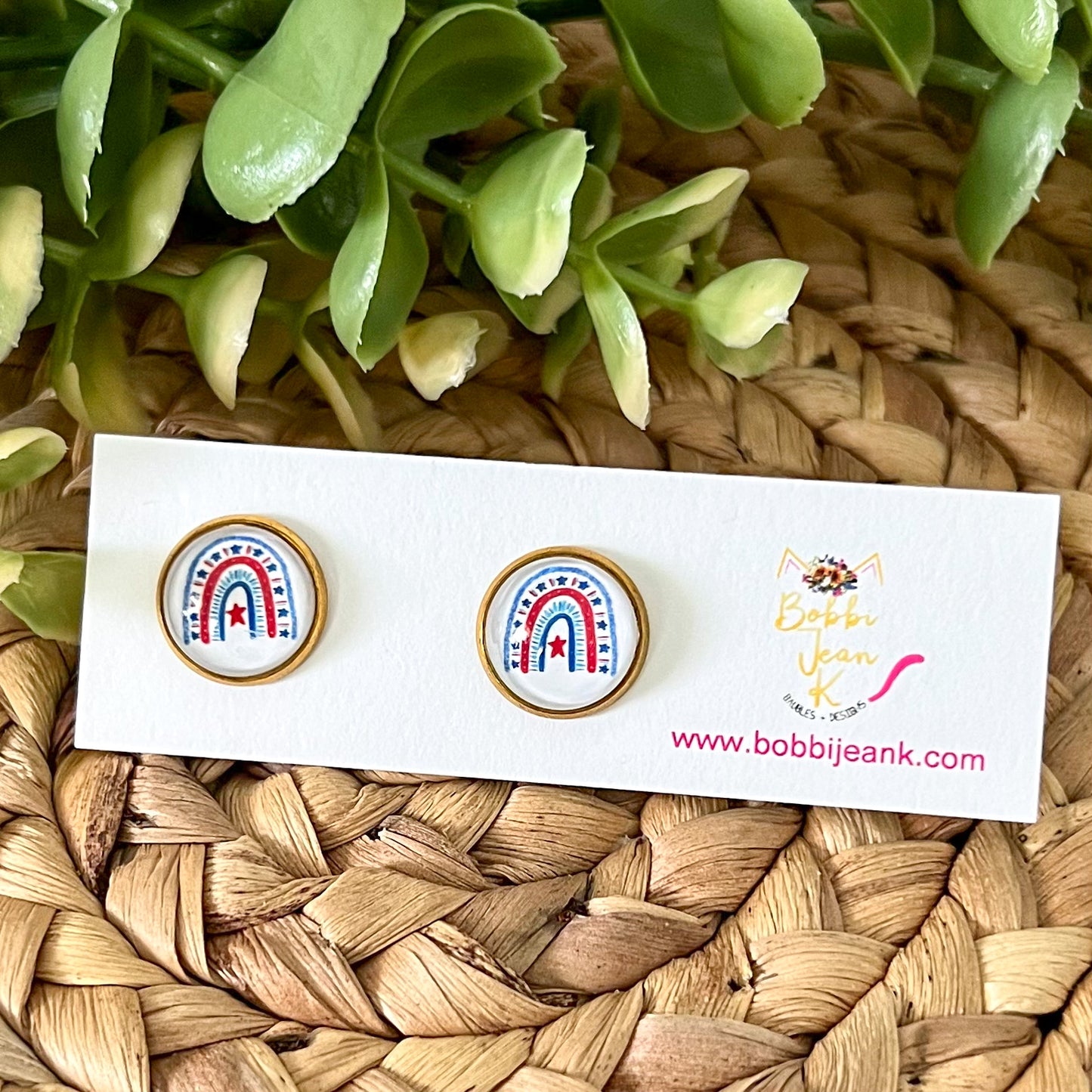 SALE: Americana Rainbow Glass Studs 12mm: Choose Silver or Gold Settings - ONLY 2 LEFT