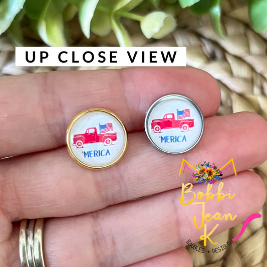 SALE: 'Merica Red Truck Glass Studs 12mm: Choose Silver or Gold Settings - LAST CHANCE