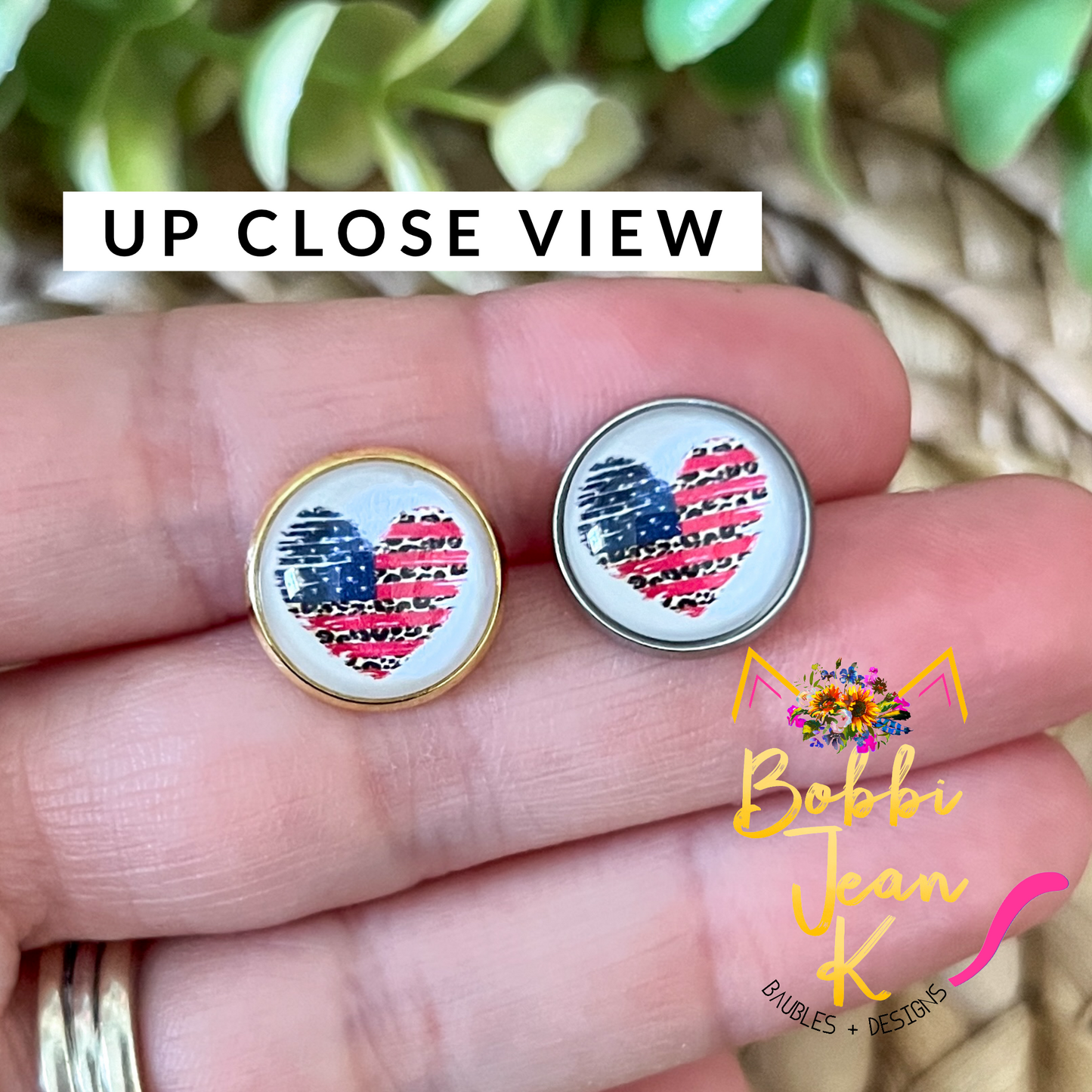 SALE: Americana Leopard Heart Glass Studs 12mm: Choose Silver or Gold Settings - ONLY ONE LEFT