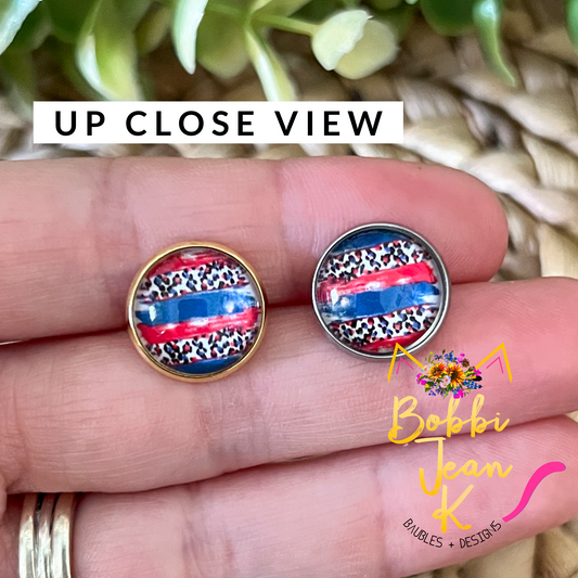 SALE: Americana Leopard Striped Glass Studs 12mm: Choose Silver or Gold Settings - LAST CHANCE