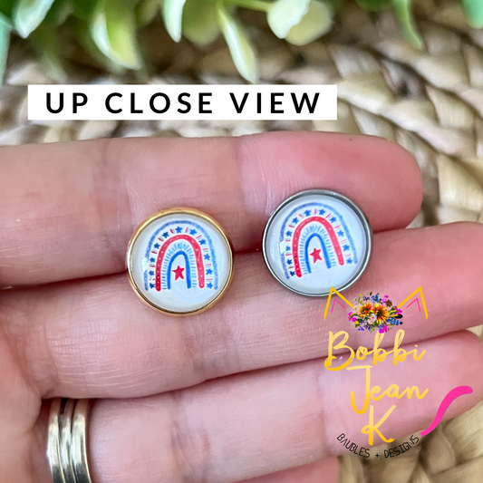 SALE: Americana Rainbow Glass Studs 12mm: Choose Silver or Gold Settings - ONLY 2 LEFT