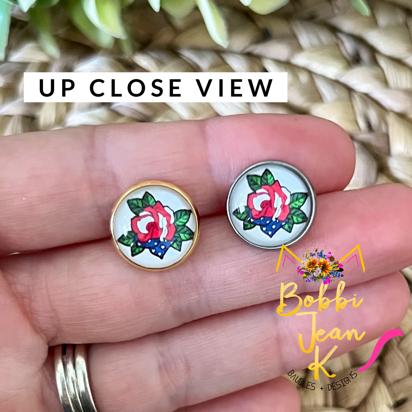 SALE: Americana Rose Glass Studs 12mm: Choose Silver or Gold Settings - LAST CHANCE