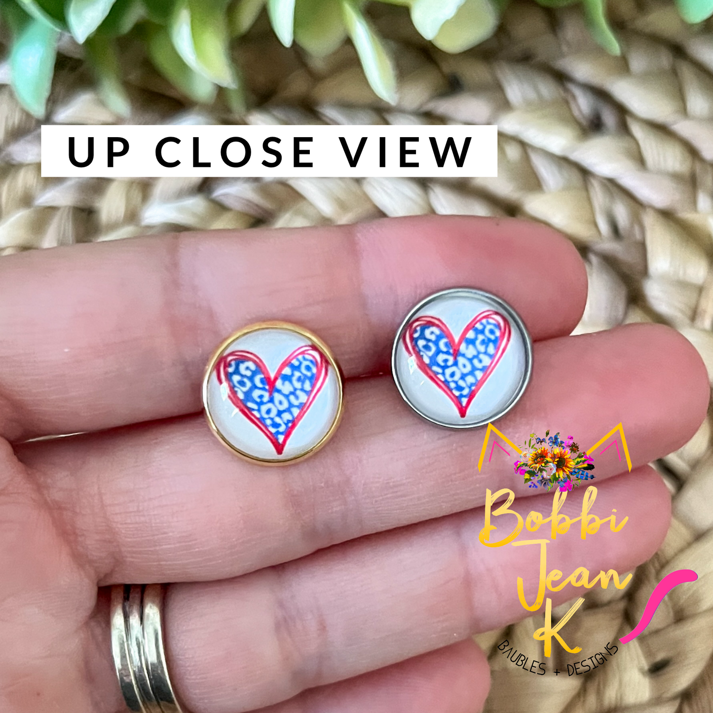 SALE: Blue Leopard Heart Glass Studs 12mm: Choose Silver or Gold Settings - LAST CHANCE