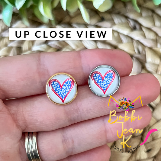 SALE: Blue Leopard Heart Glass Studs 12mm: Choose Silver or Gold Settings - LAST CHANCE