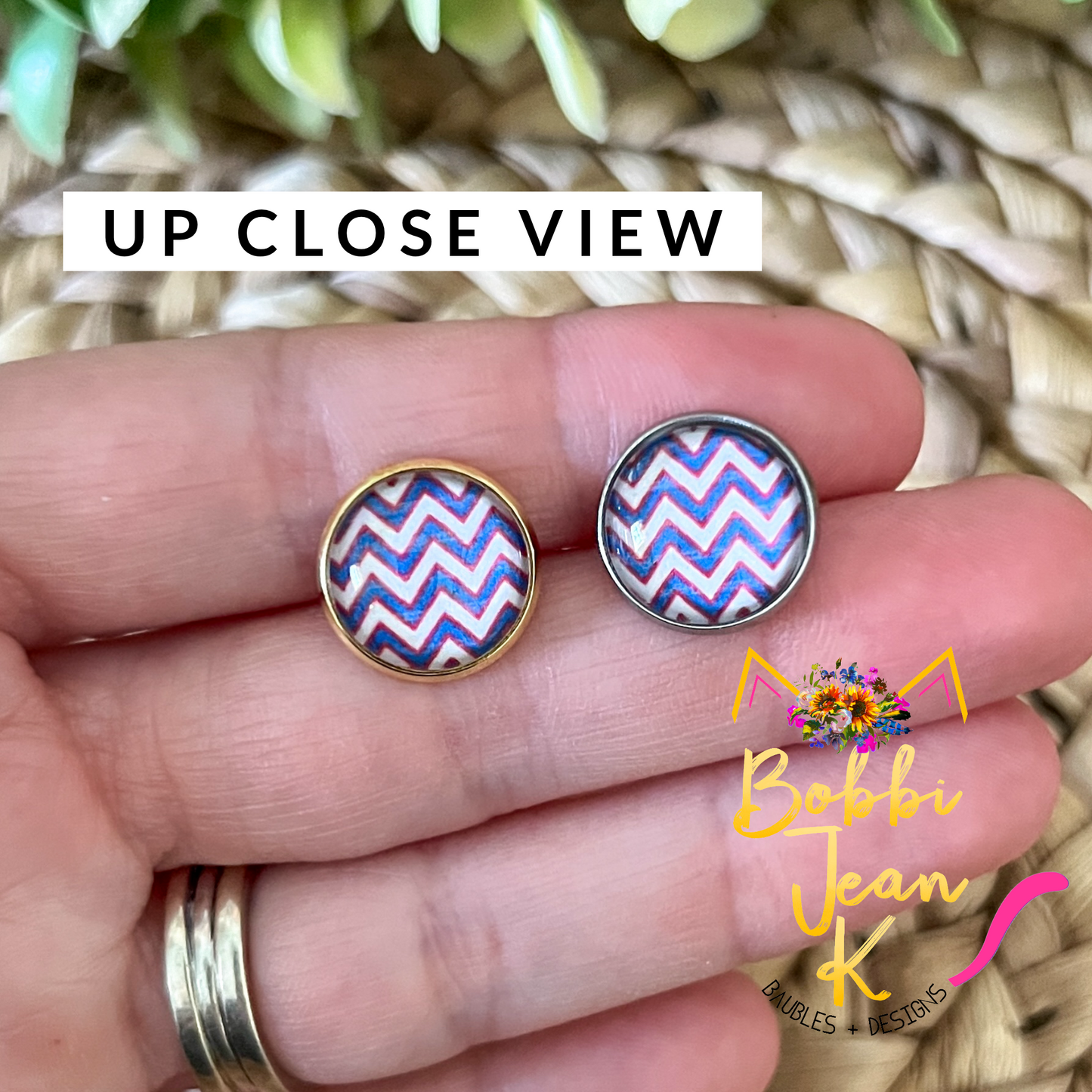 SALE: Patriotic Chevron Glass Studs 12mm: Choose Silver or Gold Settings - ONLY 2 LEFT