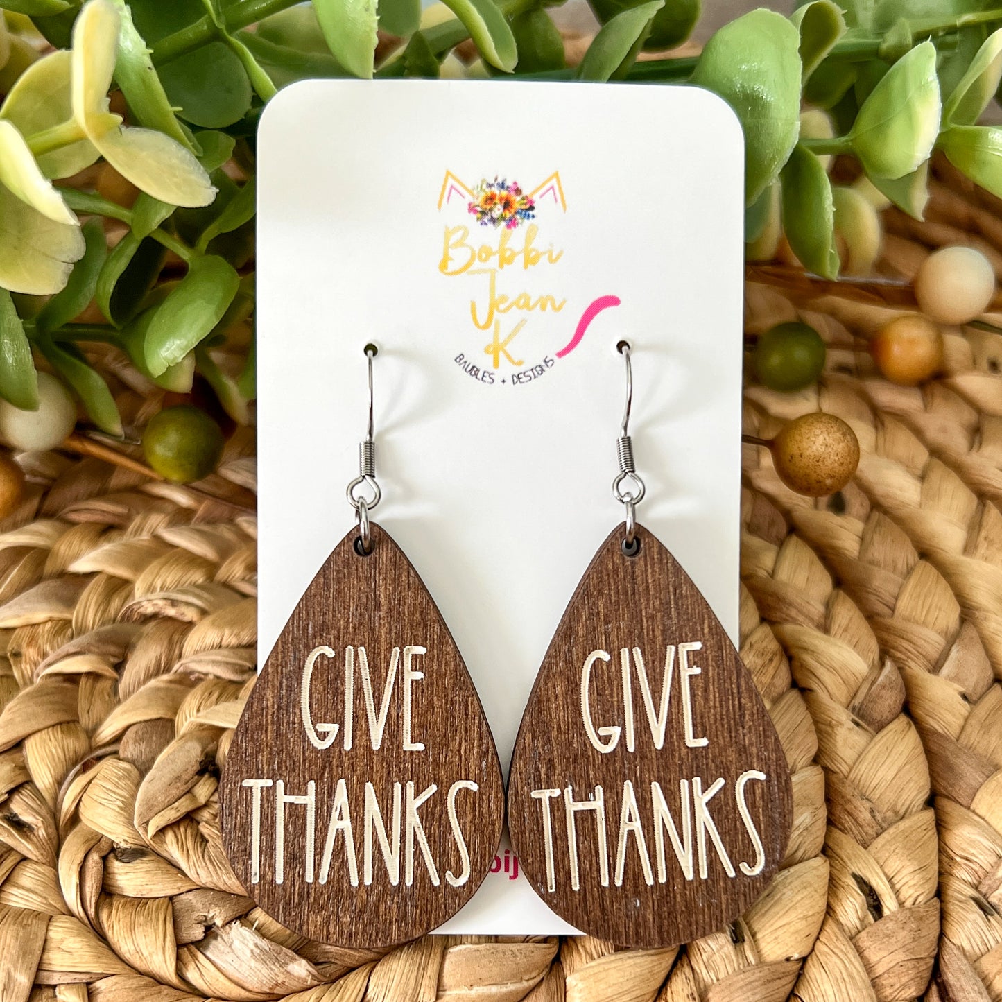 Give Thanks Mocha Dyed Wood Teardrop Earrings