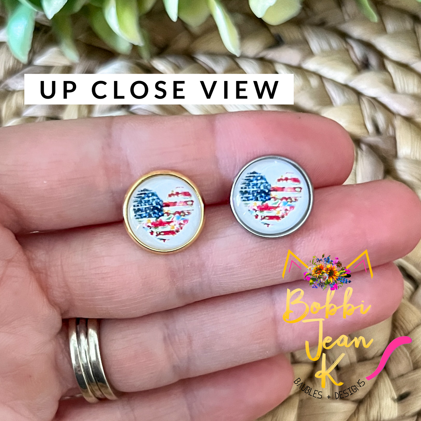 SALE: Patriotic Floral Heart Glass Studs 12mm: Choose Silver or Gold Settings - LAST CHANCE