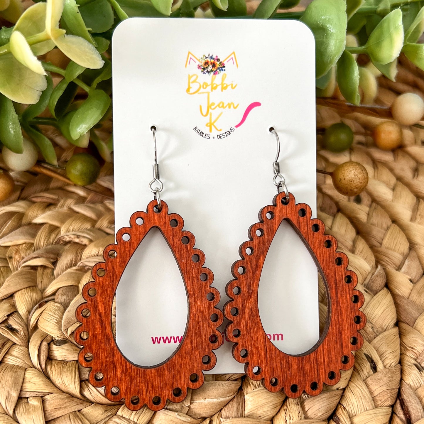 "Lace" Cider Dyed Wood Teardrop Earrings