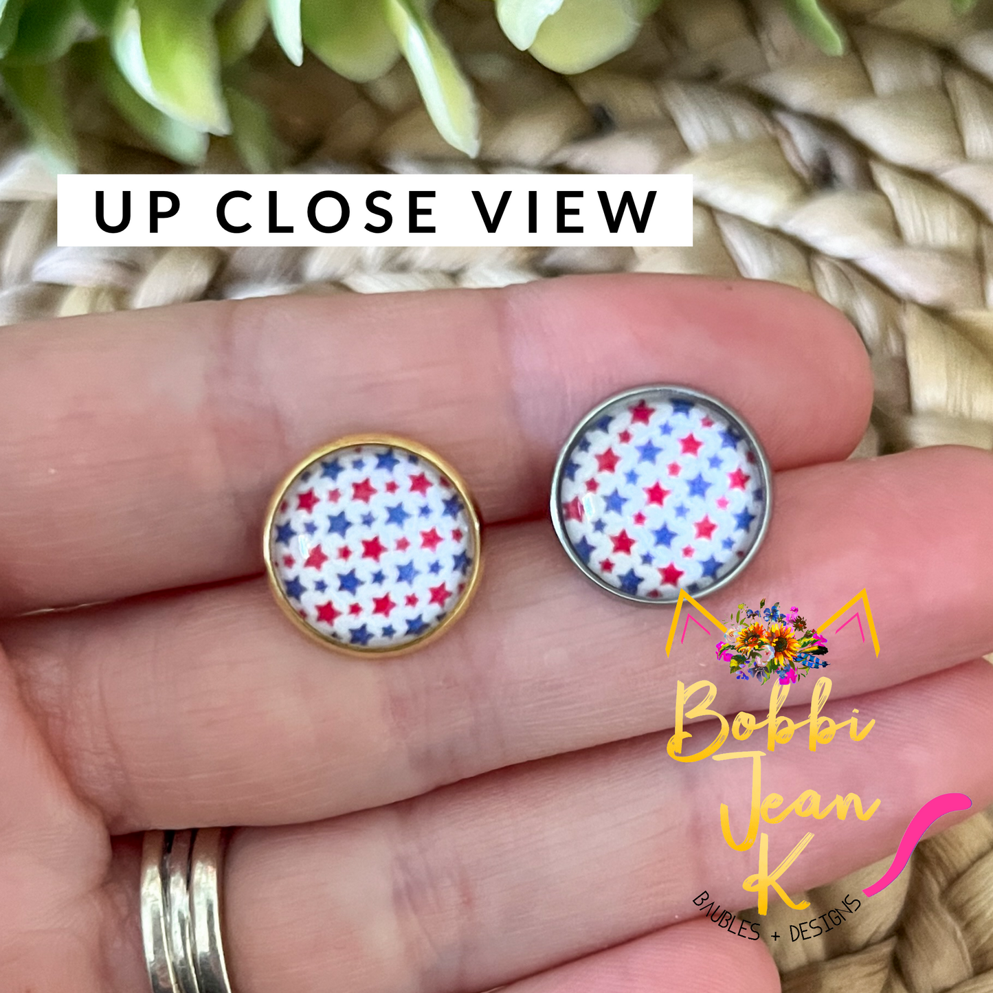 SALE: Red & Blue Star Glass Studs 12mm: Choose Silver or Gold Settings - LAST CHANCE