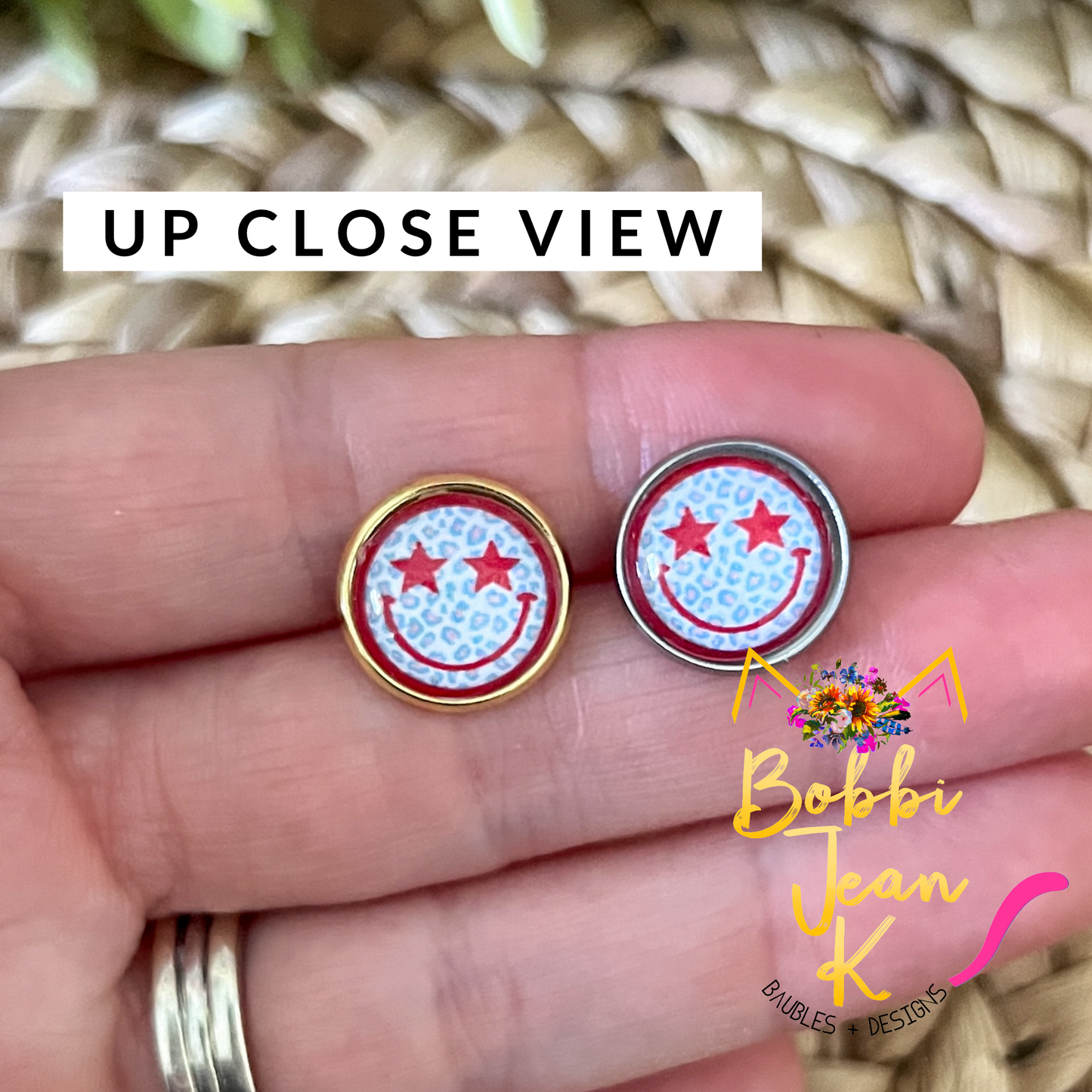SALE: Star Smile Face Glass Studs 12mm: Choose Silver or Gold Settings - LAST CHANCE