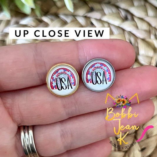 SALE: USA Rainbow Glass Studs 12mm: Choose Silver or Gold Settings - LAST CHANCE