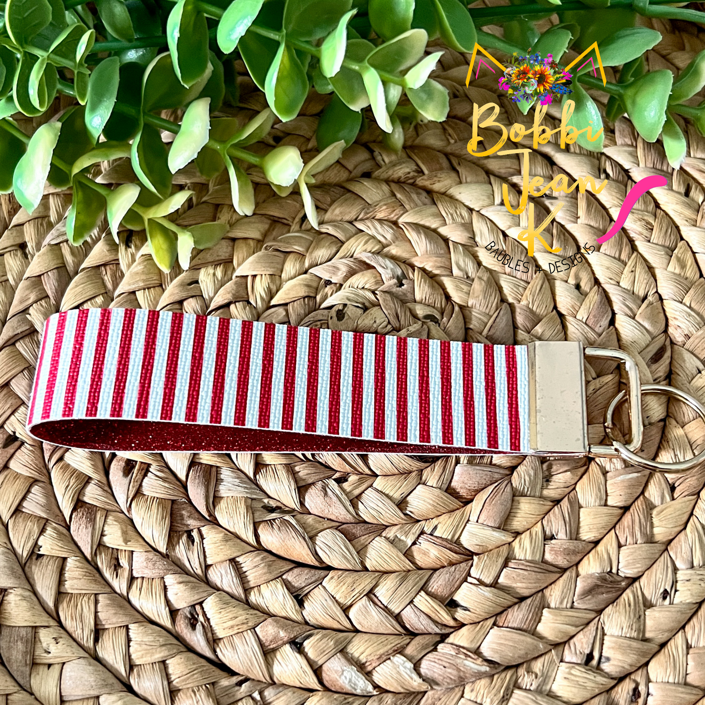 Red & White Striped Key Fob: Choose Silver or Gold Clasp
