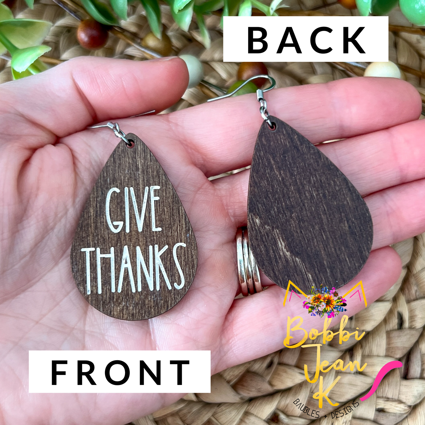 Give Thanks Mocha Dyed Wood Teardrop Earrings